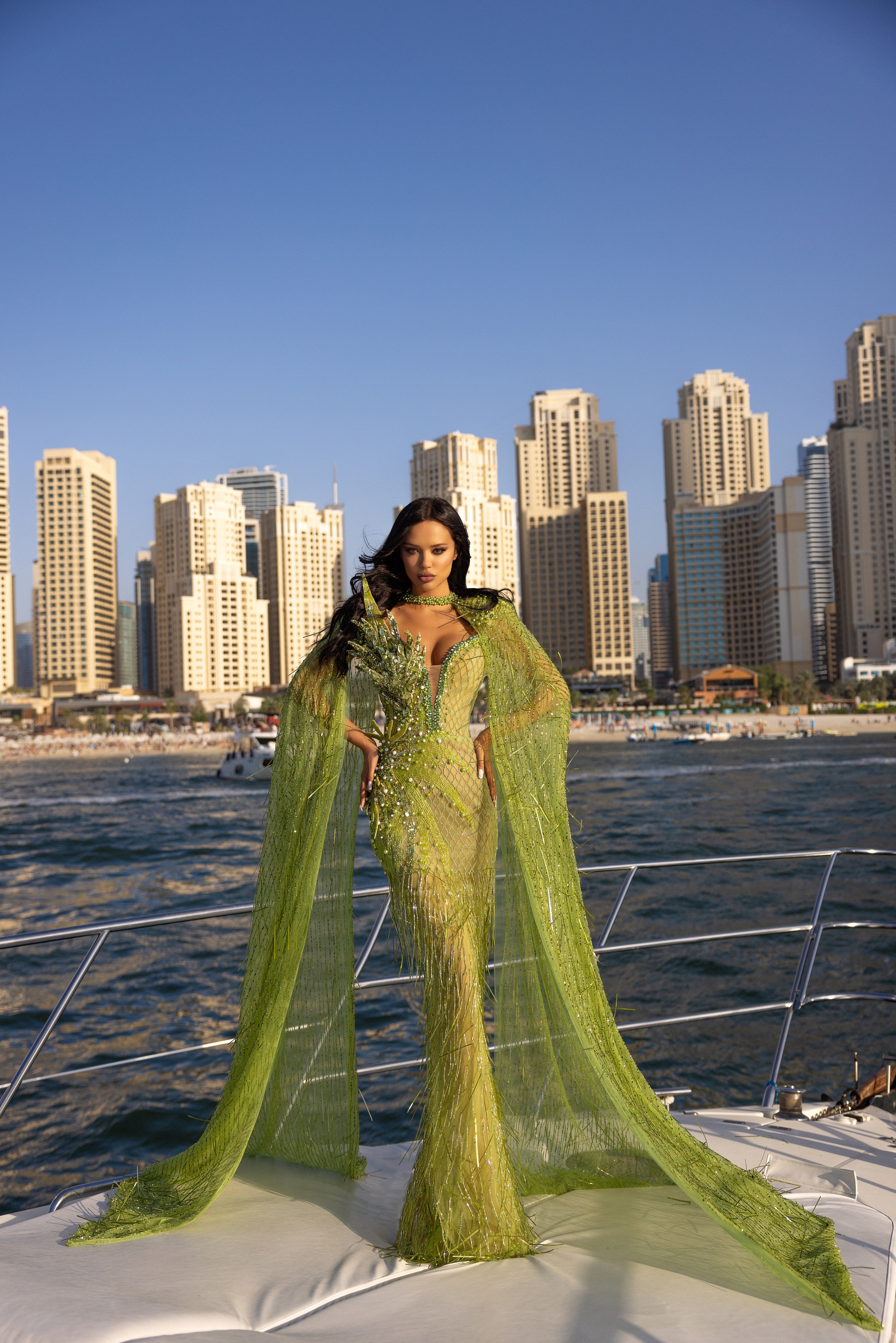 Green Beaded Dress with Detachable Cape