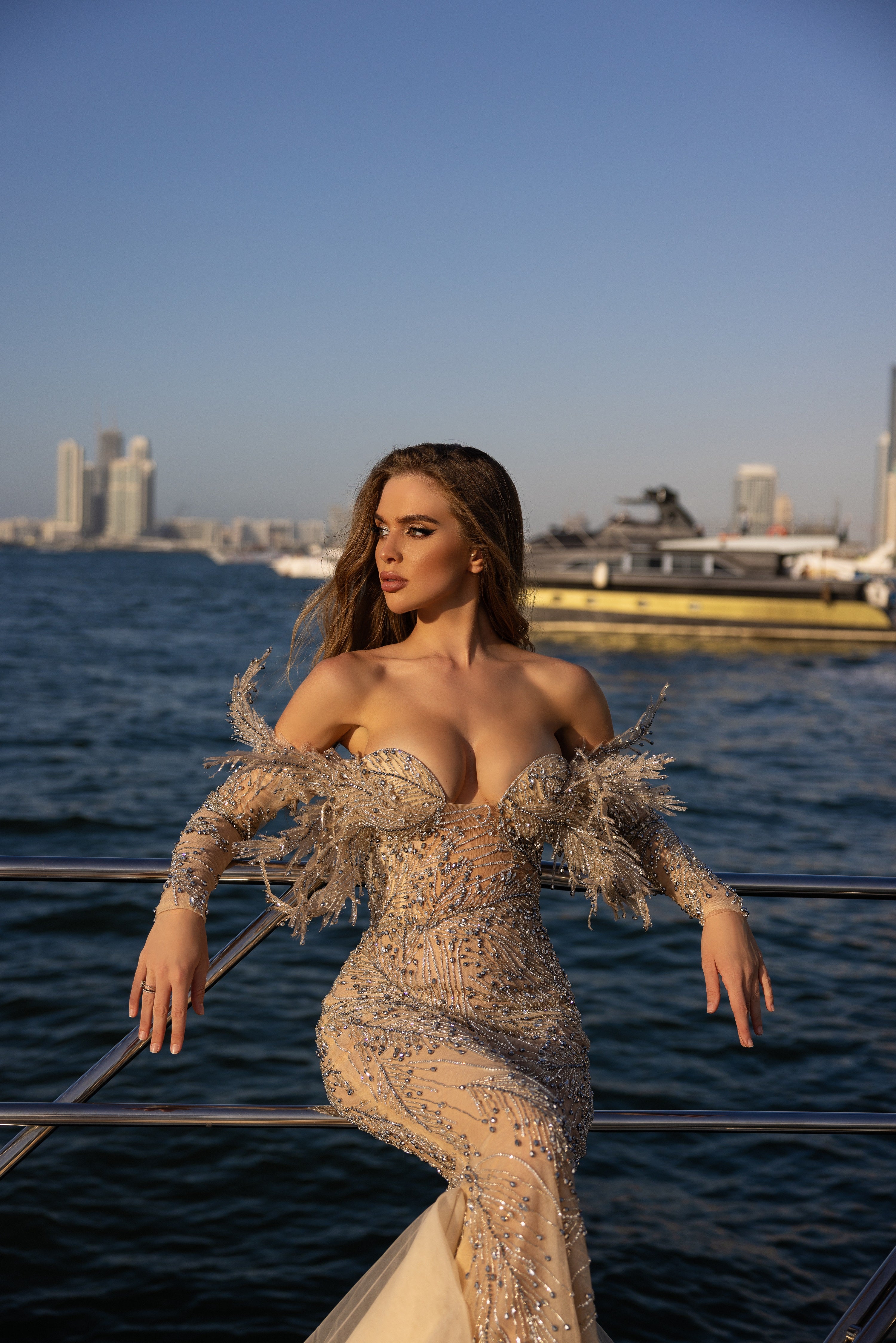 Off Shoulder Sleeves Leaf Embroidered Silver Dress with Tulle Train