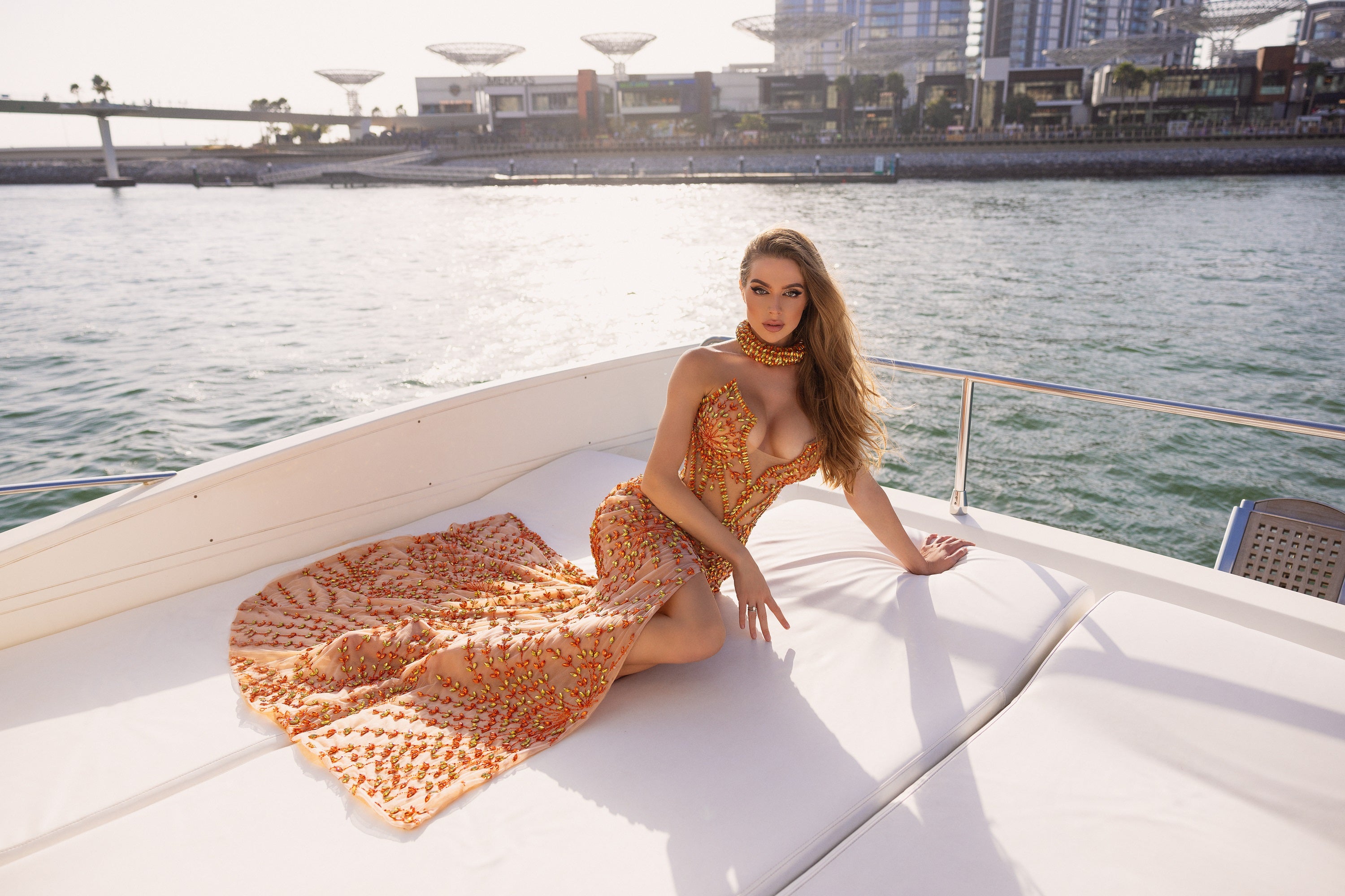 Orange & Yellow Rhinestone Strapless Dress