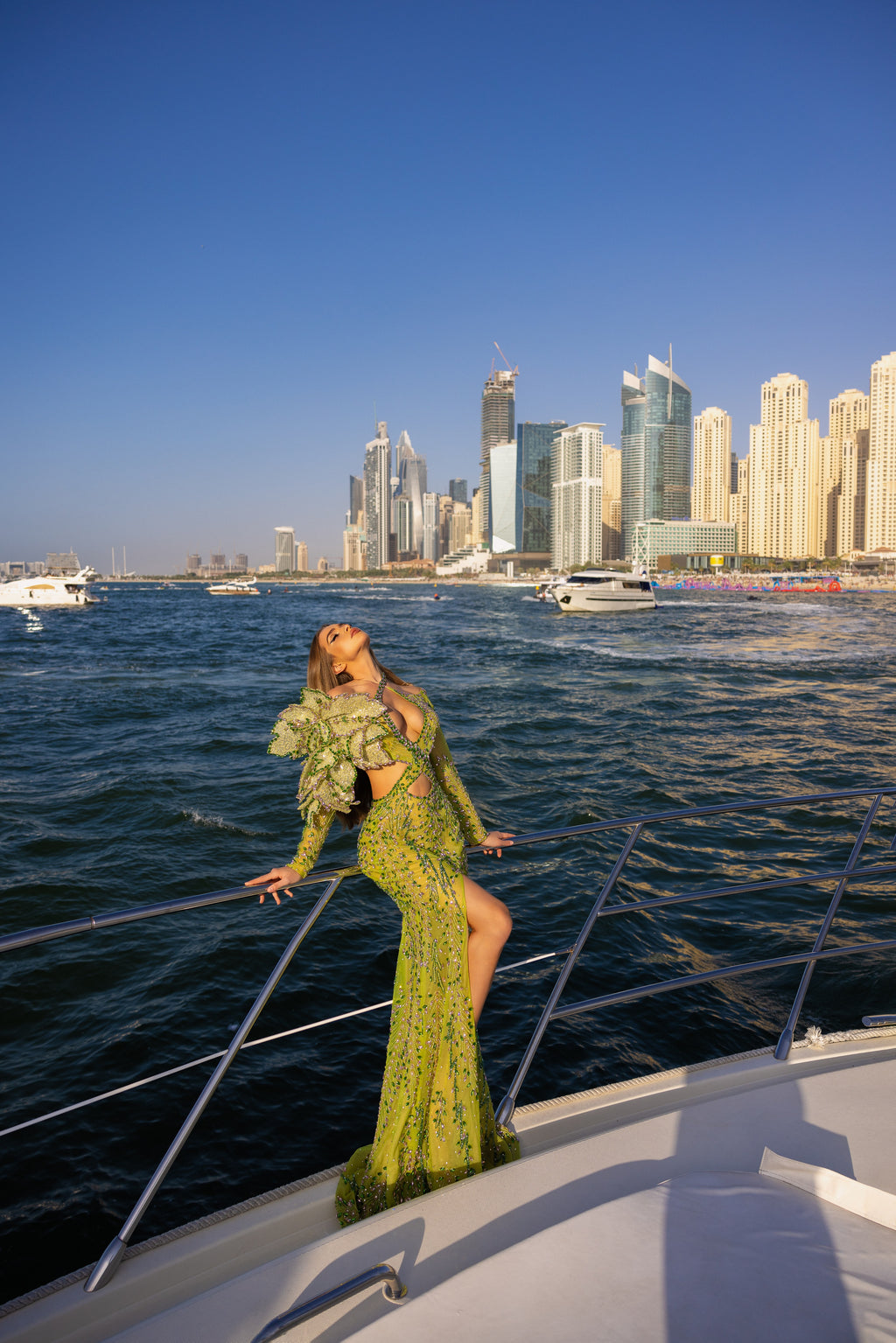 Cut-Out Green Embellished Dress with 3D Flower Detail
