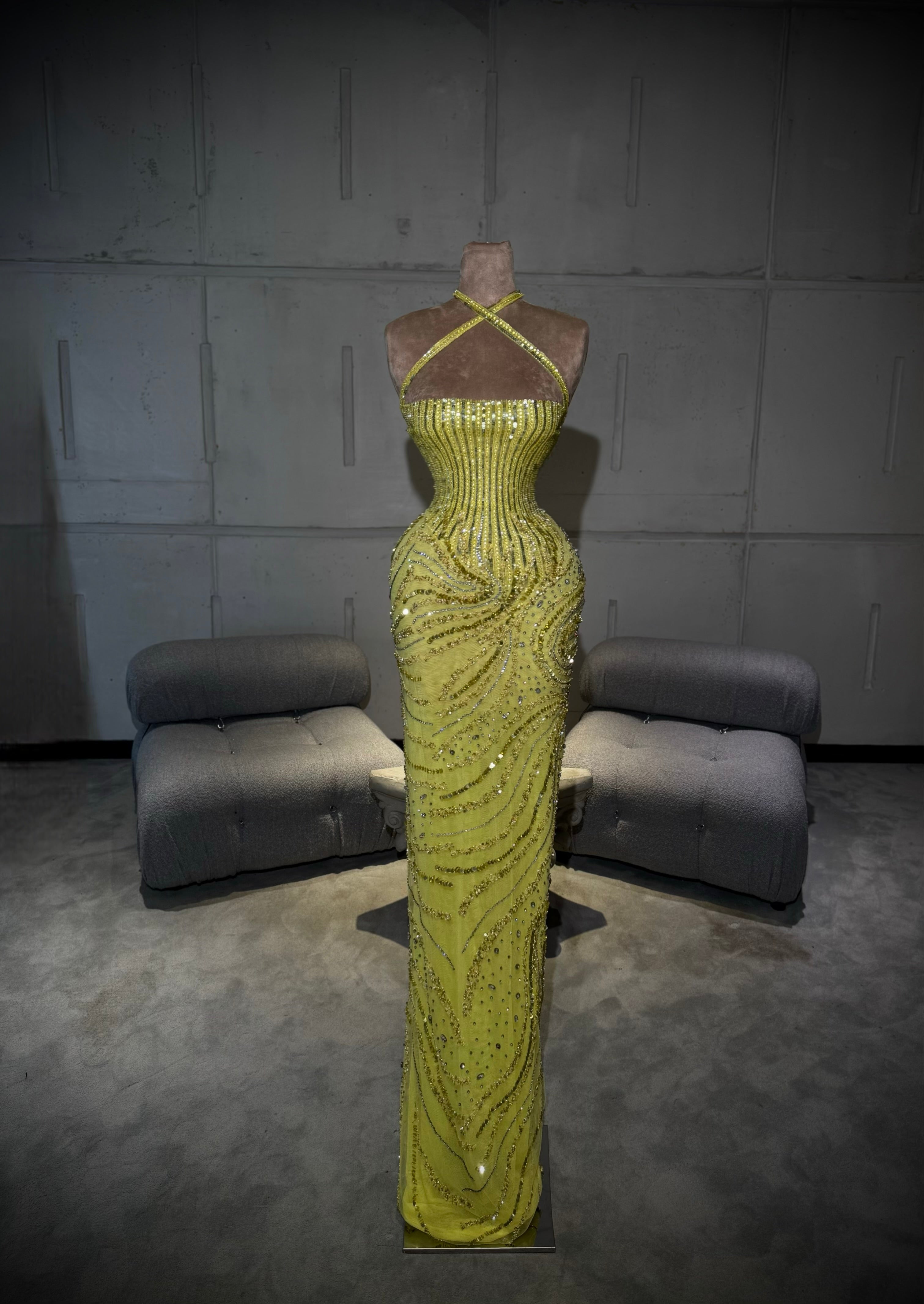 Aýana - Yellow Crystal Halter Gown