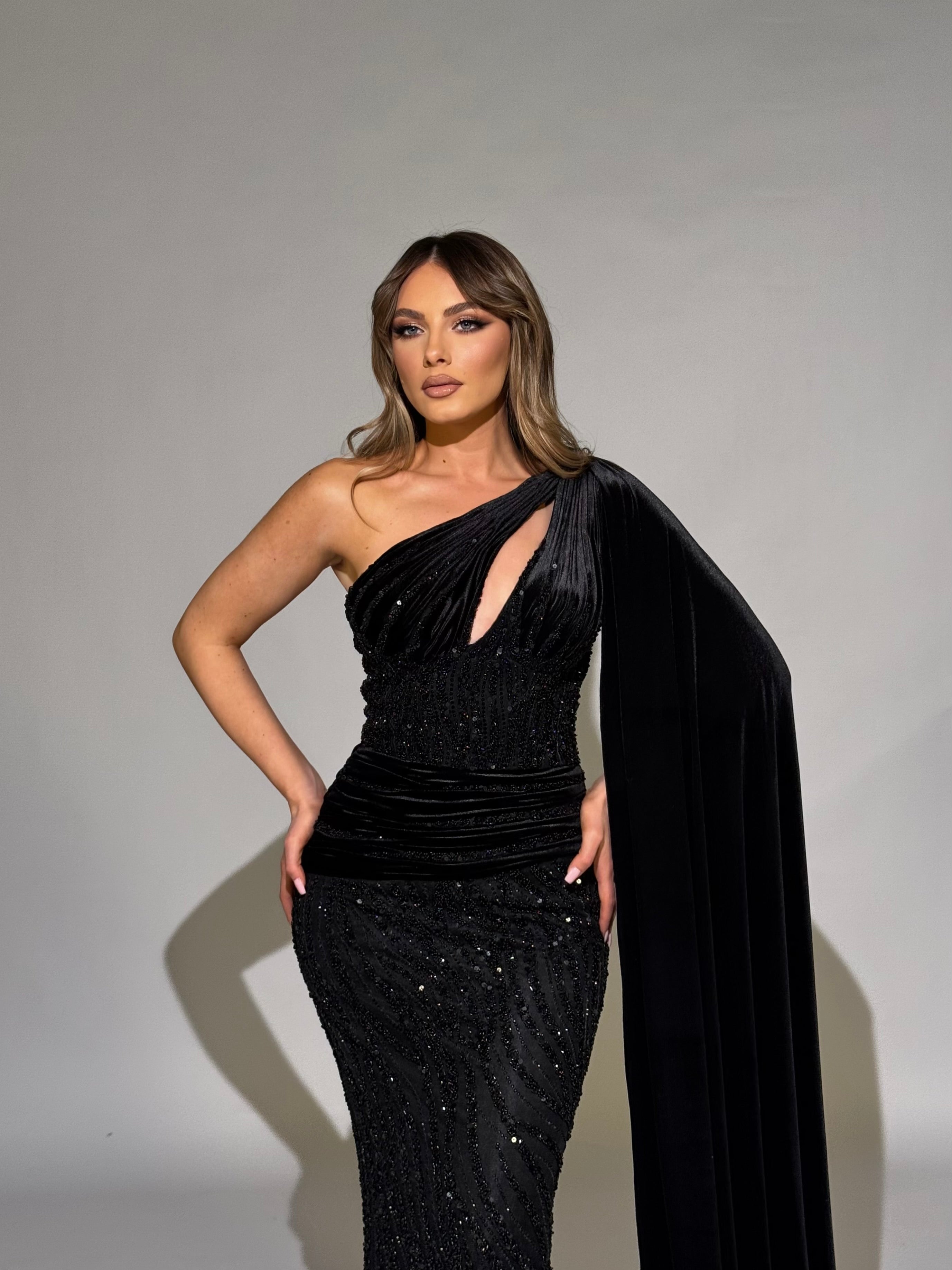 Asymmetrical Dress with Cape Sleeve