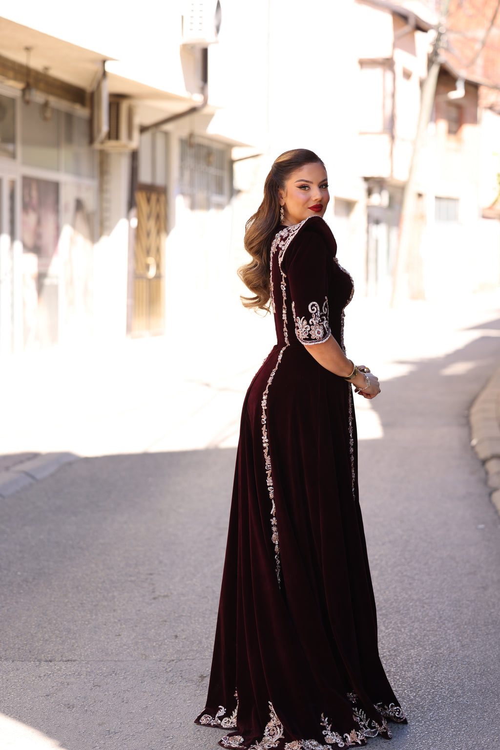 Elirá - Burgundy Velvet Long Gown with Silver Embroidery
