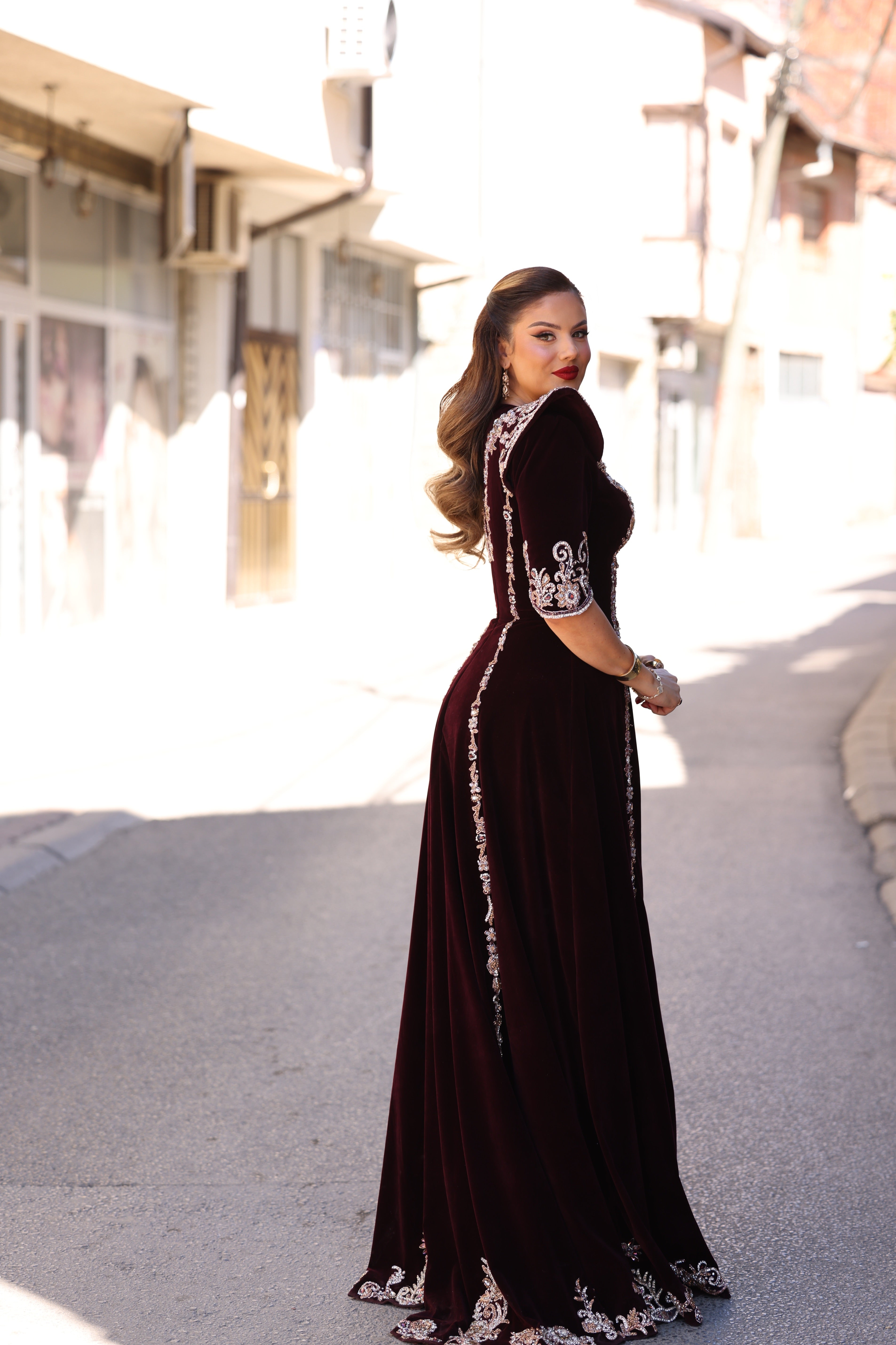 Elirá - Burgundy Velvet Long Gown with Silver Embroidery