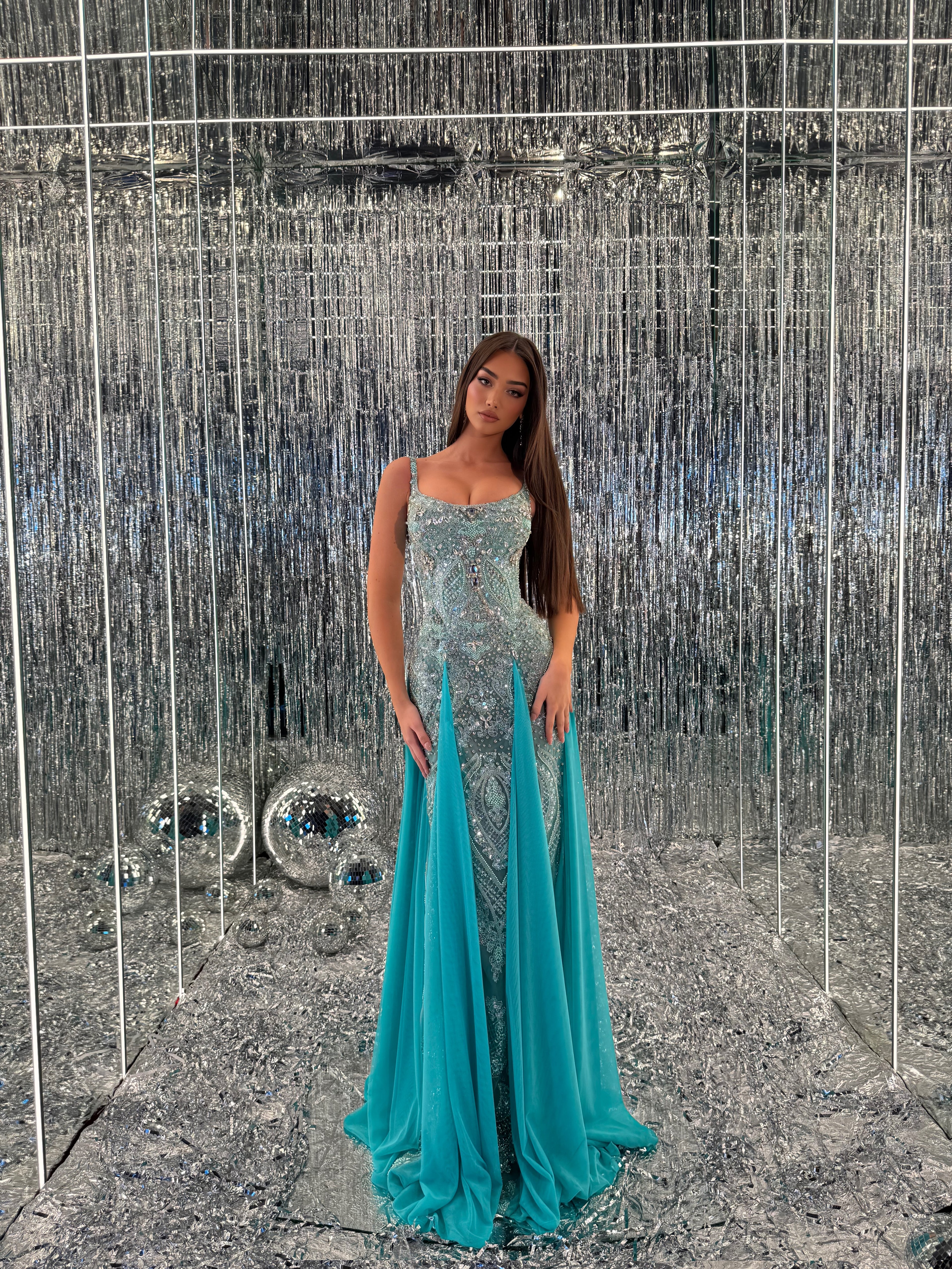 Donya - Turquoise Beaded Mermaid Gown with Draped Panels M Donya - Turquoise Beaded Mermaid Gown with Draped Panels M
