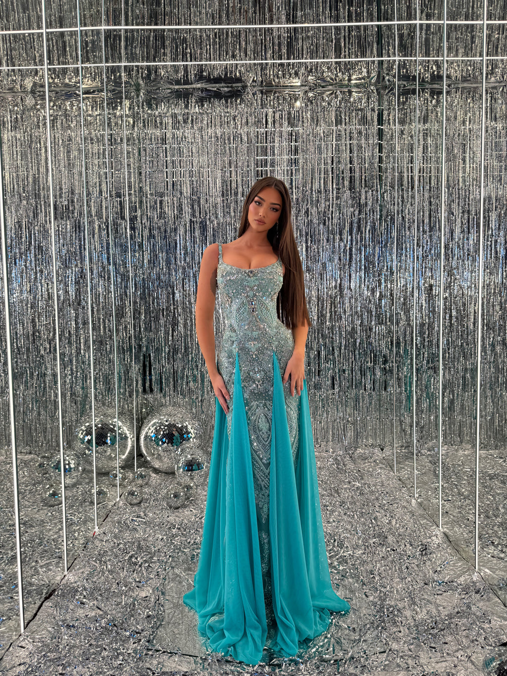 Donya - Turquoise Beaded Mermaid Gown with Draped Panels