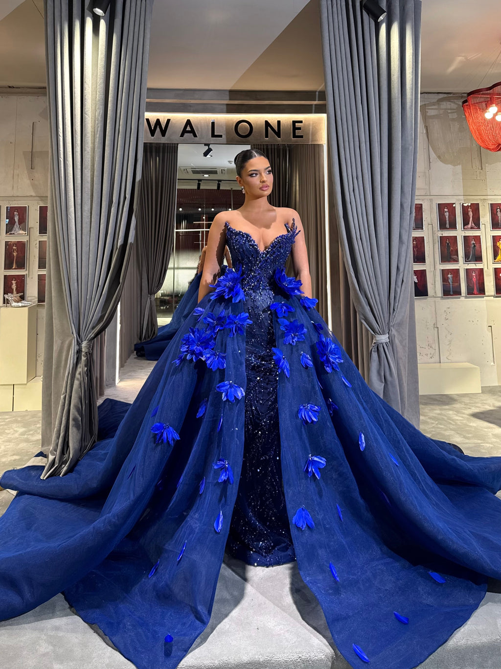 Blue Monarch Beaded Gown with Detachable Overskirt