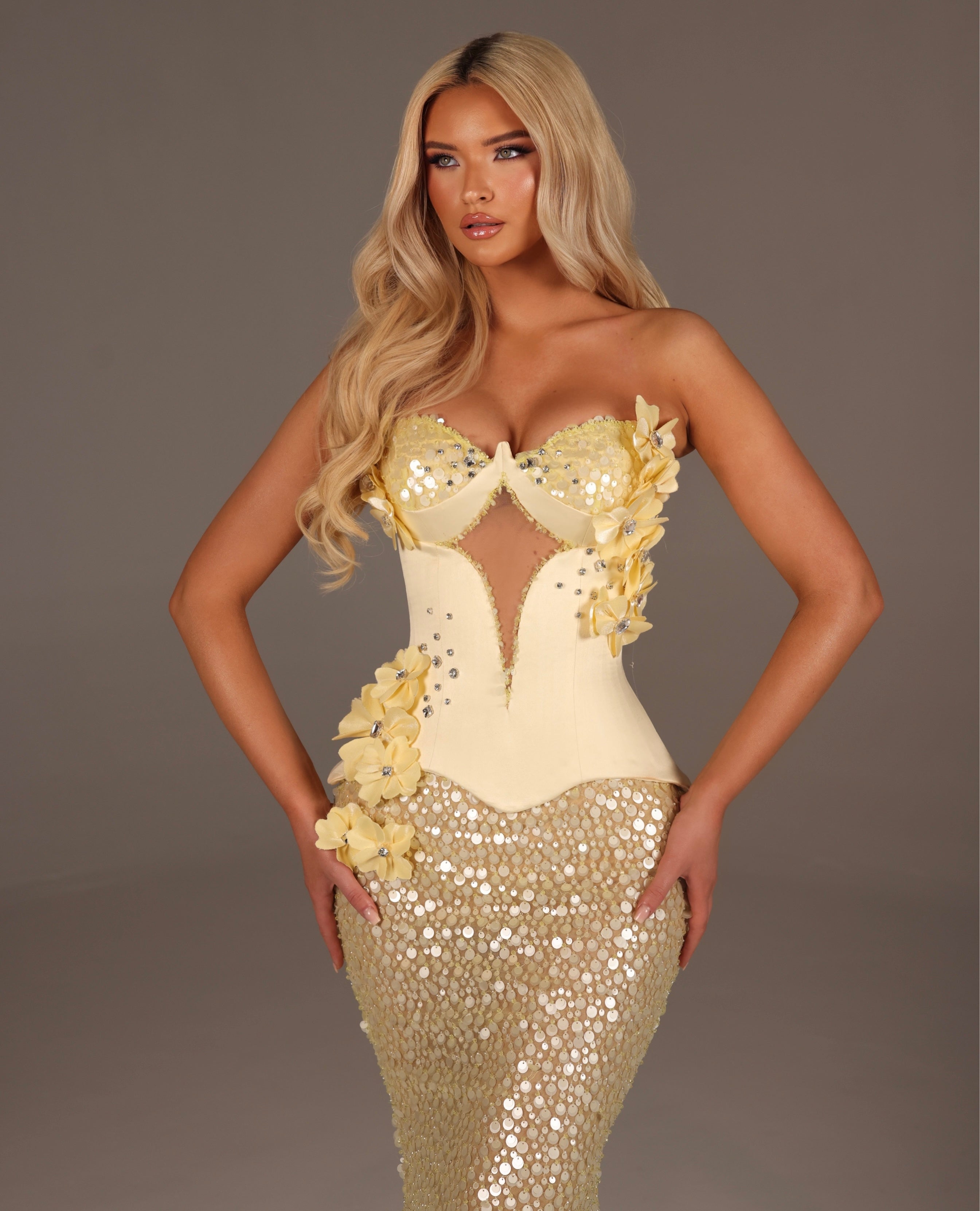 Elina - Strapless Corset Mermaid Gown with Floral Appliqué