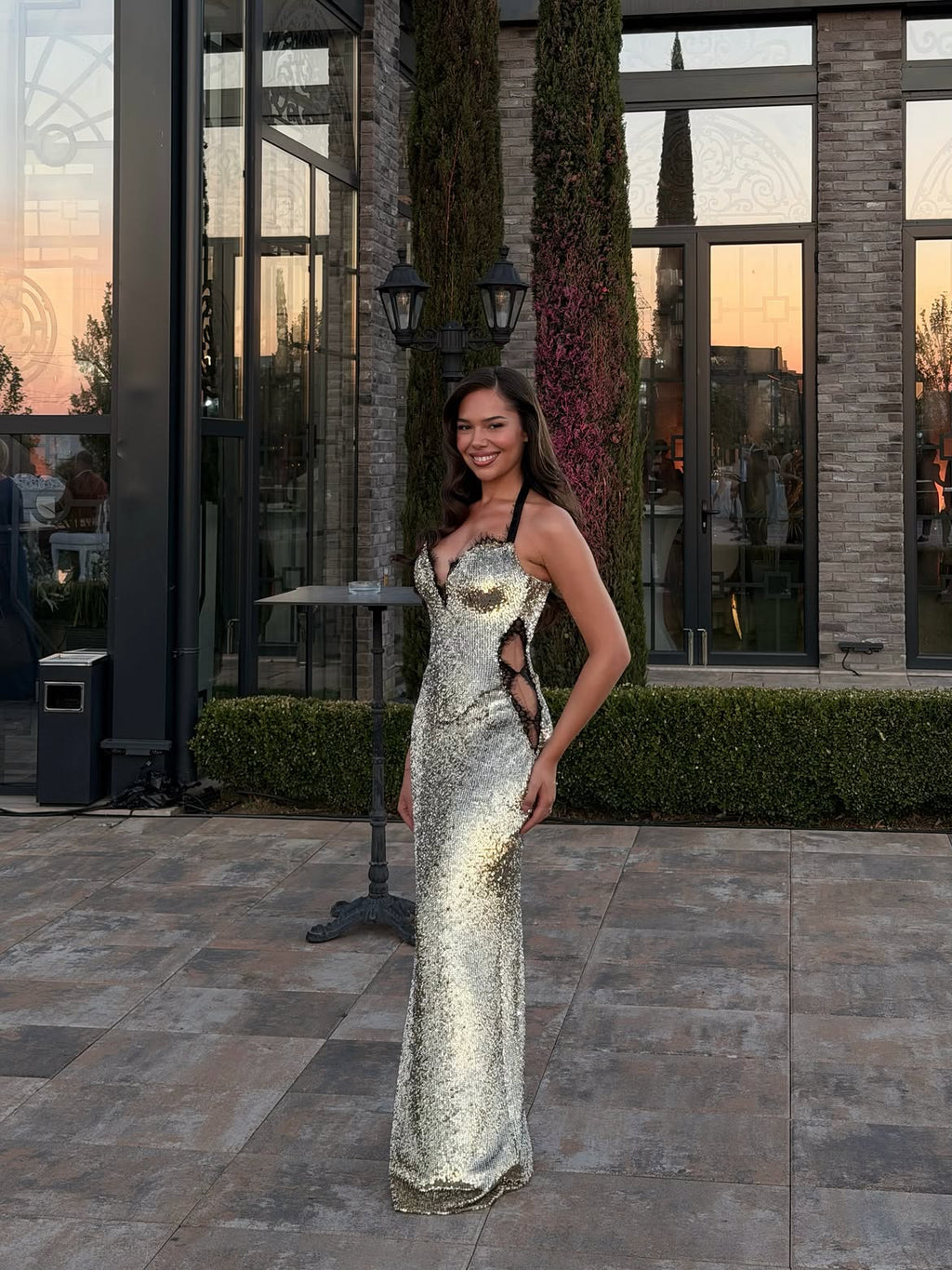 Arieta - Sequin halter cutout gown