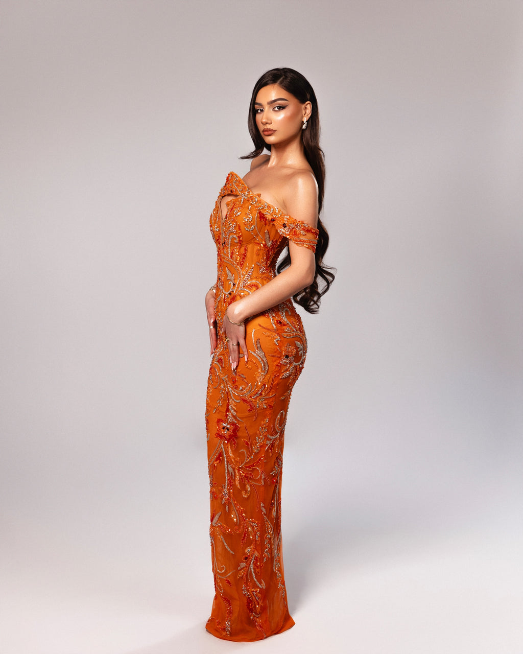 Floral Beaded Off Shoulder Gown