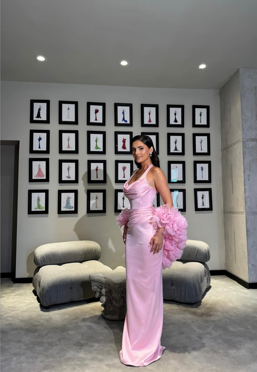 Melina – Pink Halter Dress with Floral cape