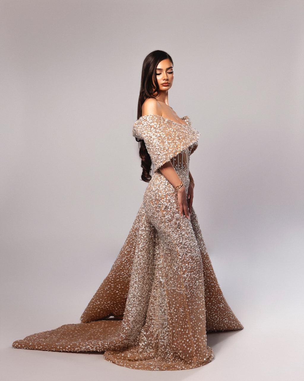 Off Shoulder Embellished Corset Gown with Draped Sleeves