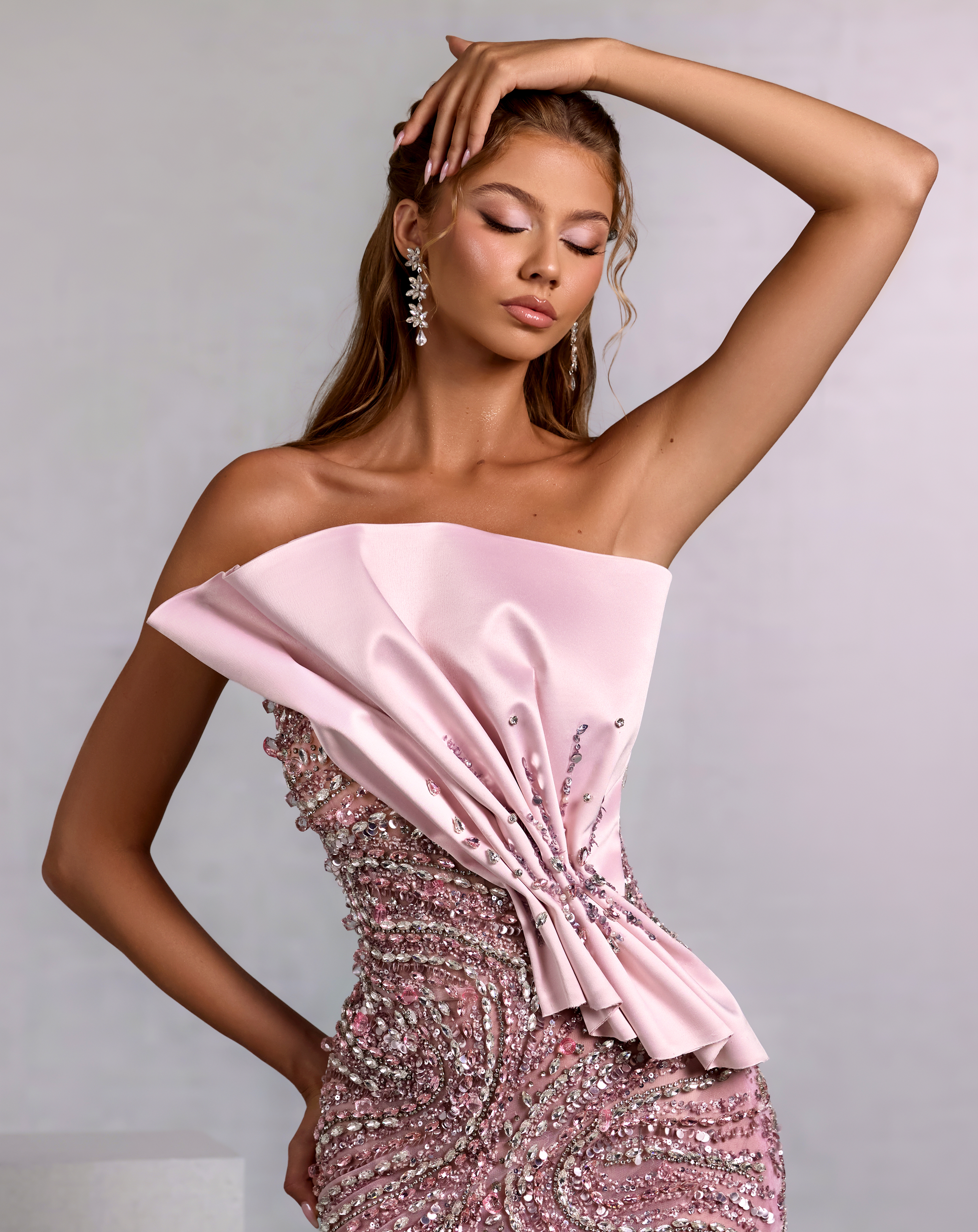 Pink Mermaid Gown with Draped Satin and Crystal Swirls