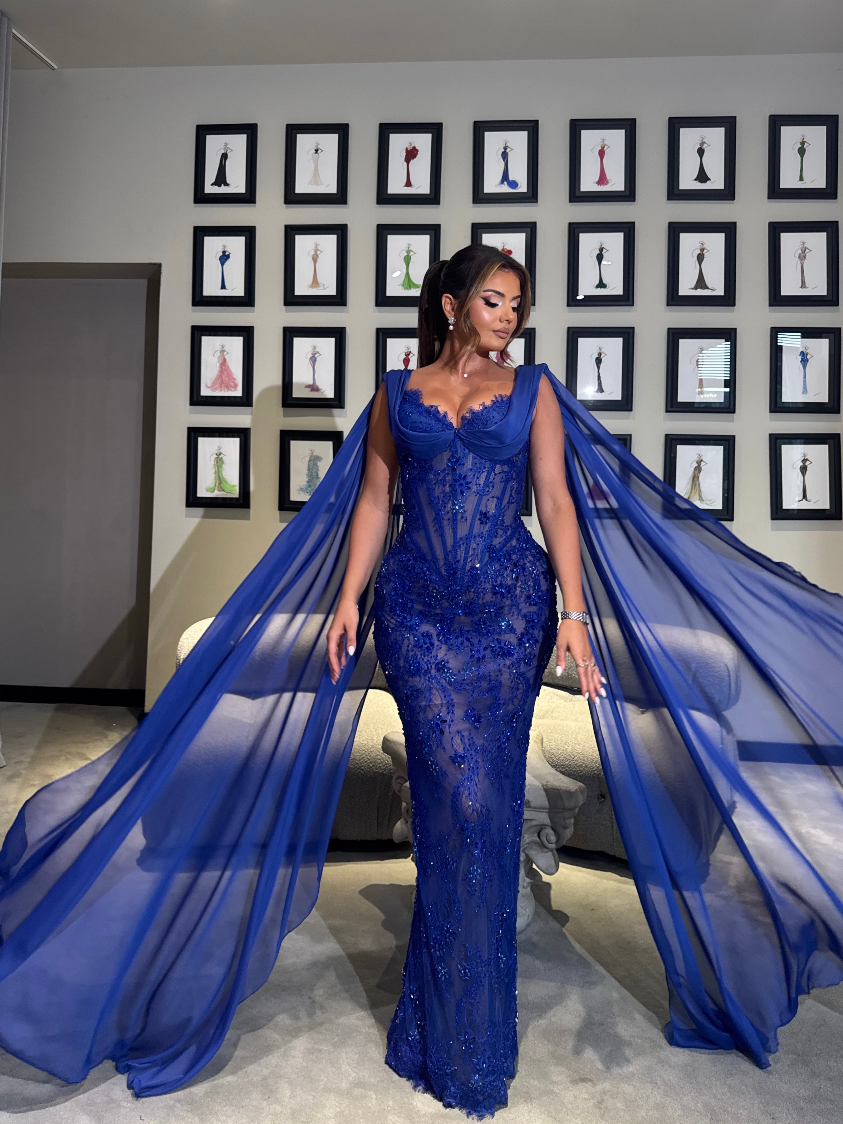 Long Royal Blue Gown with Beaded Embellishments & Draped Chiffon Sleeves