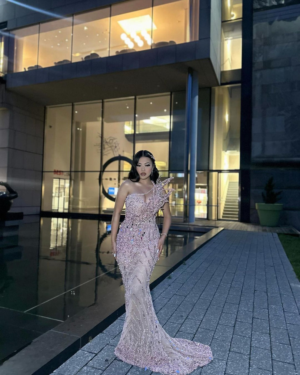 One shoulder dress with floral embellishments