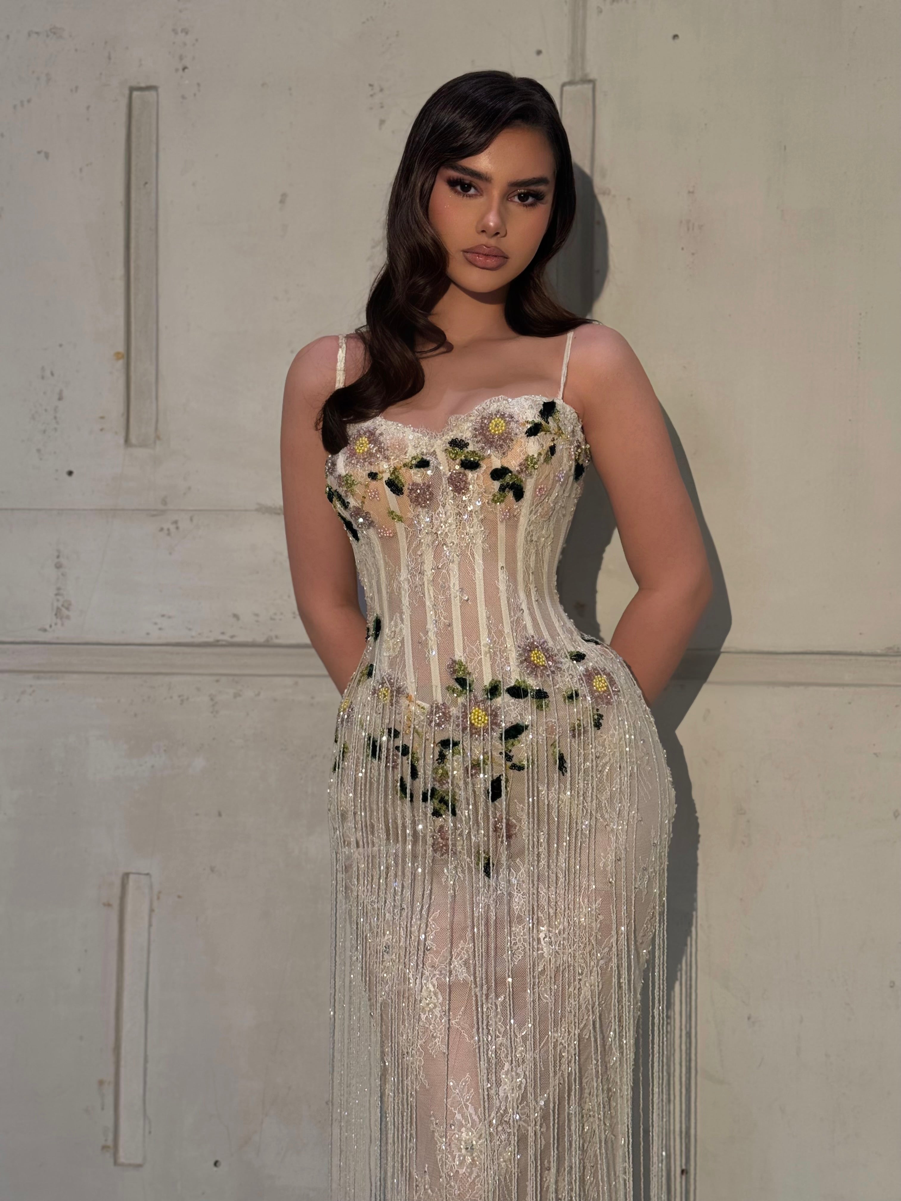 Lvia Ivory Beaded Fringe Gown Walone LLC Lvia Ivory Beaded Fringe Gown Walone LLC