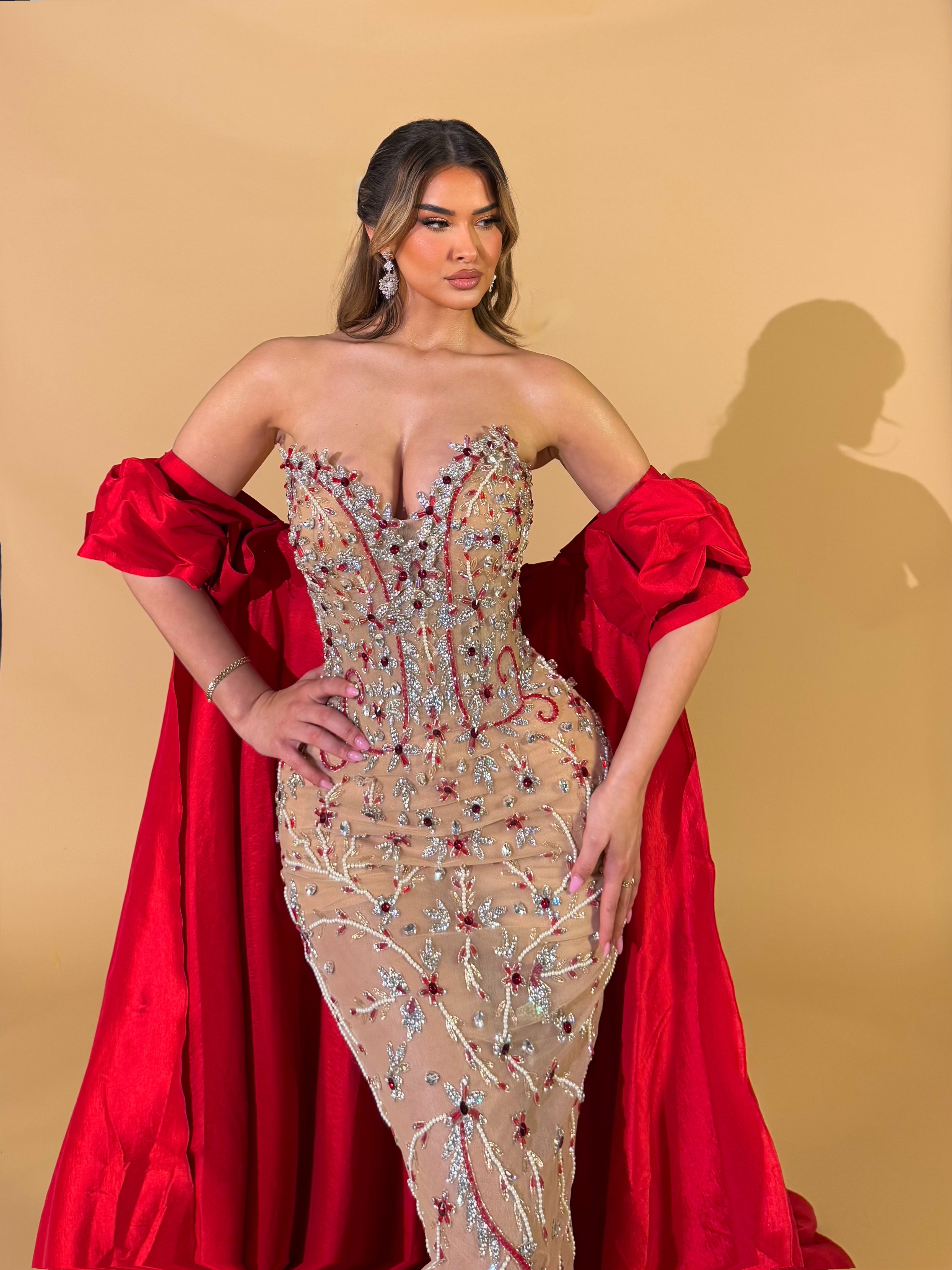 Red Cape Couture Dress with Nude Crystal Embellishments L Red Cape Couture Dress with Nude Crystal Embellishments L