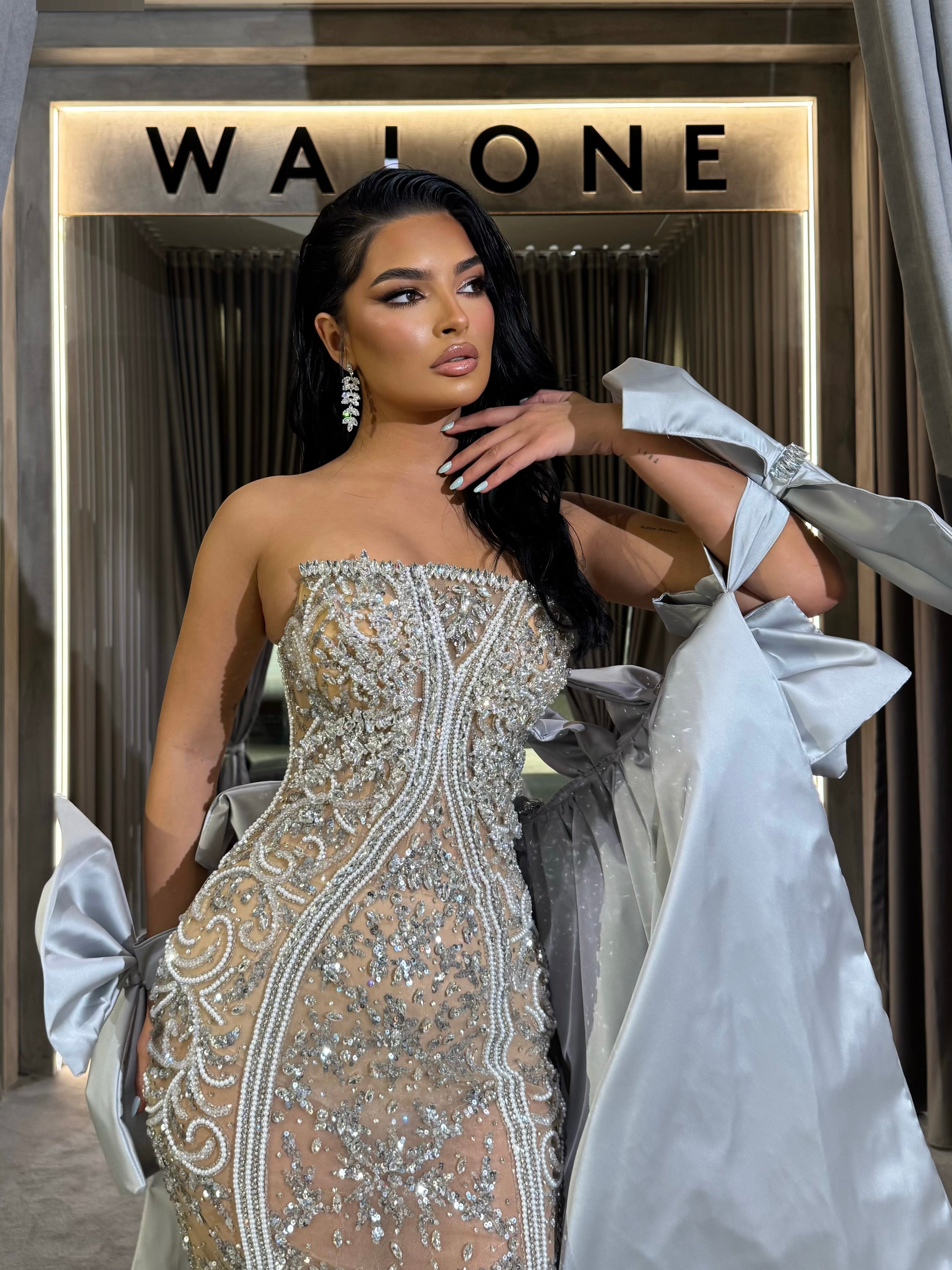 Strapless Beaded Gown with Detachable Bow Sleeves