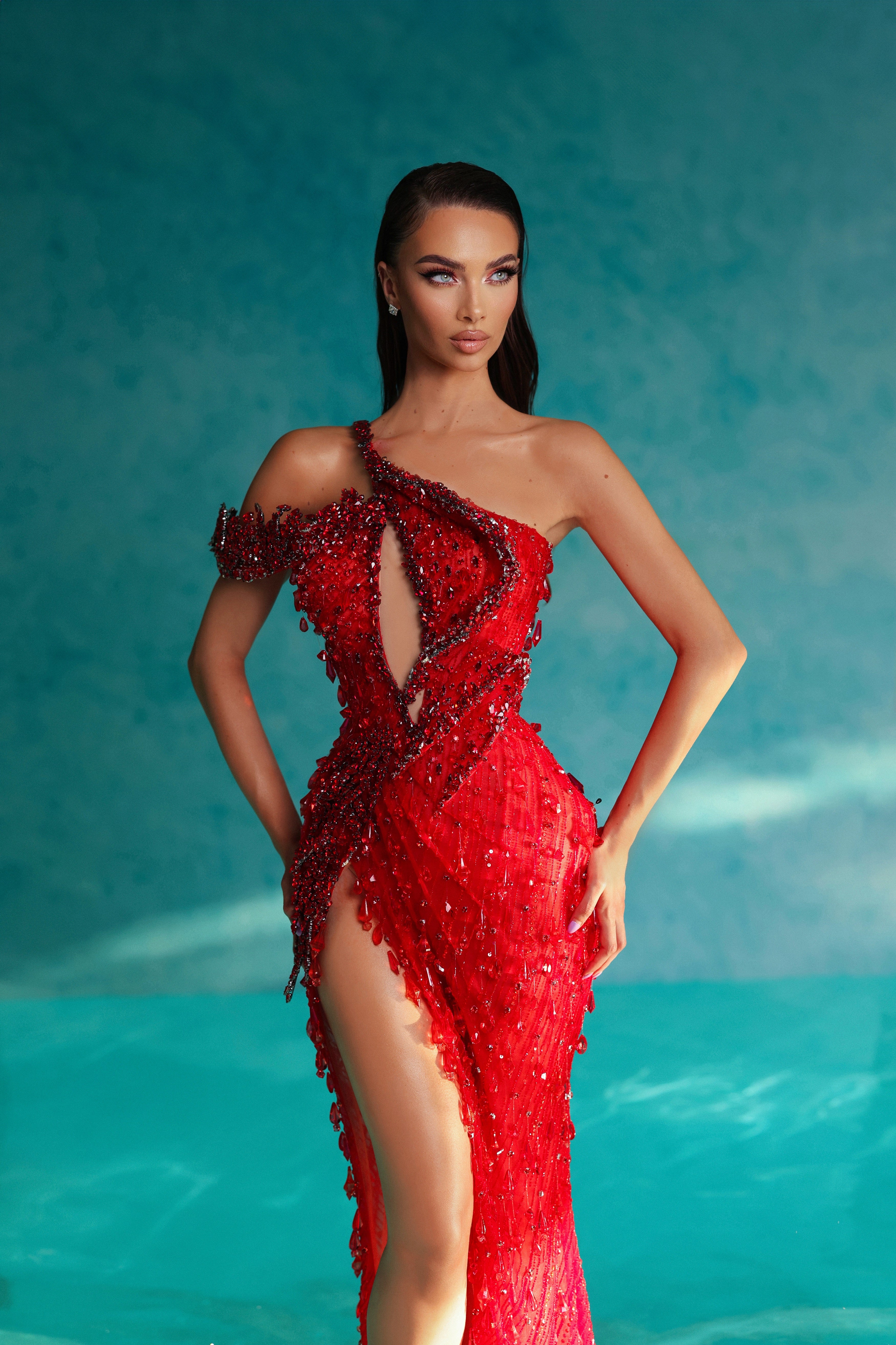 One Shoulder Red Crystal Dress with Side Slit