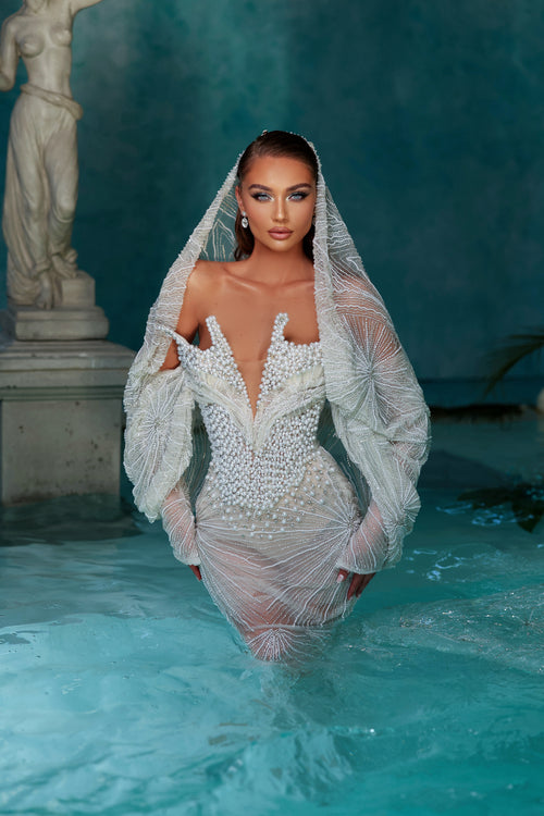 Pearl Embroidered White Mermaid Dress with Cape L