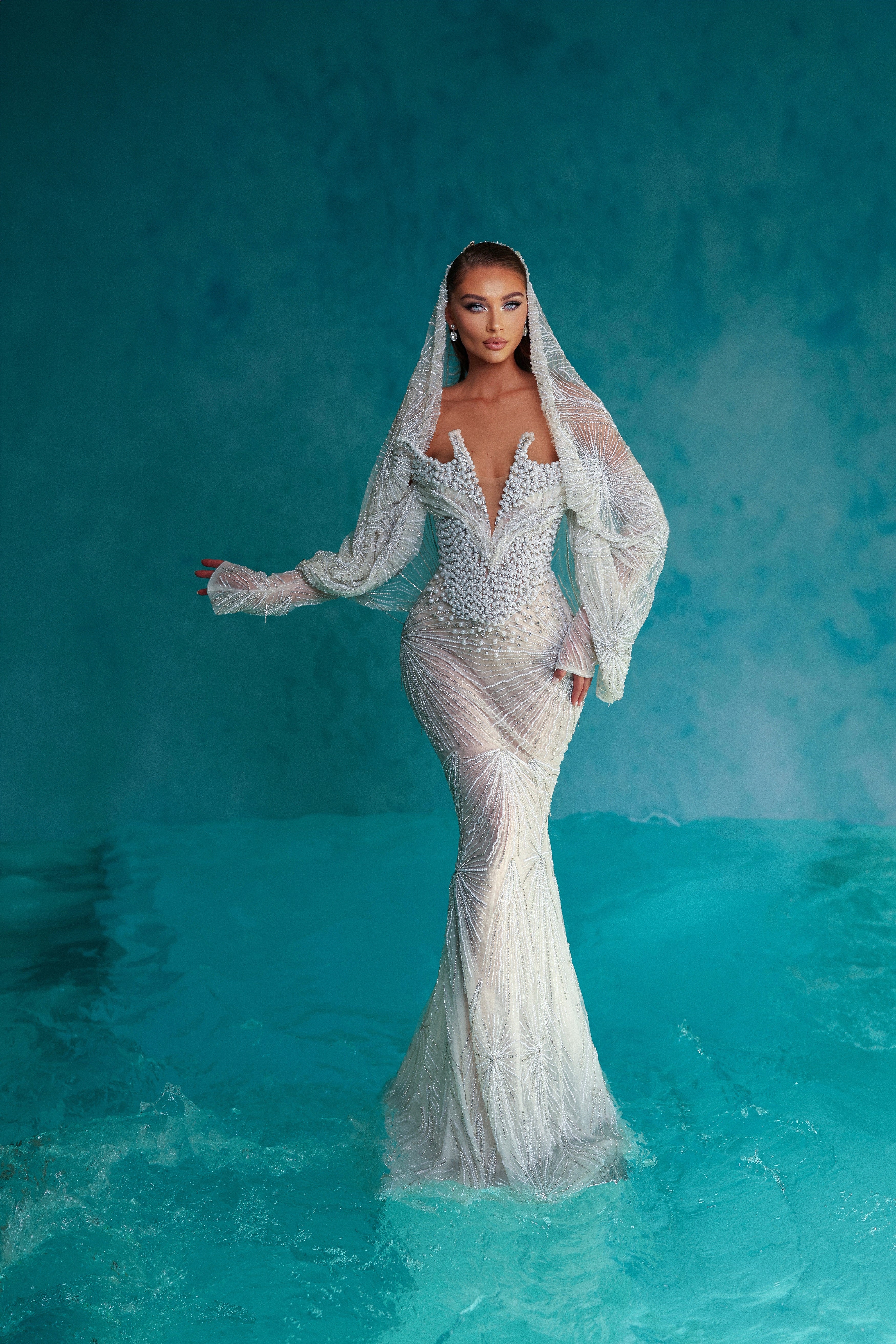 Pearl Embroidered White Mermaid Dress with Cape