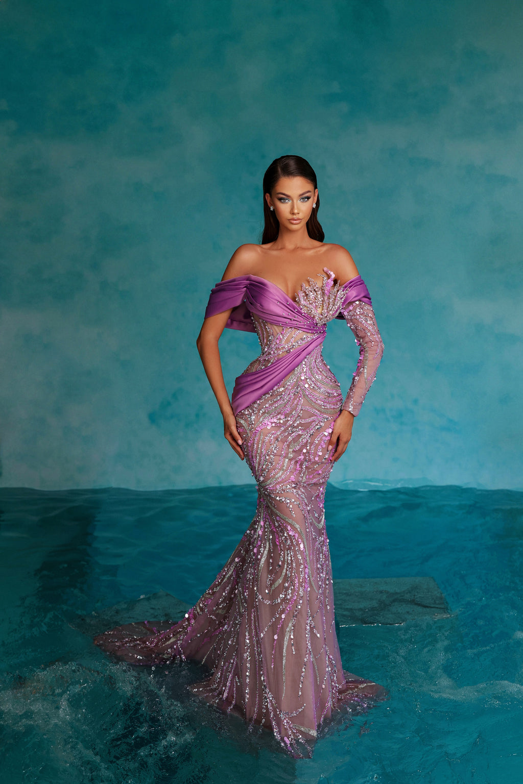 Embellished Purple Dress with Off Shoulder Satin Draped Detail