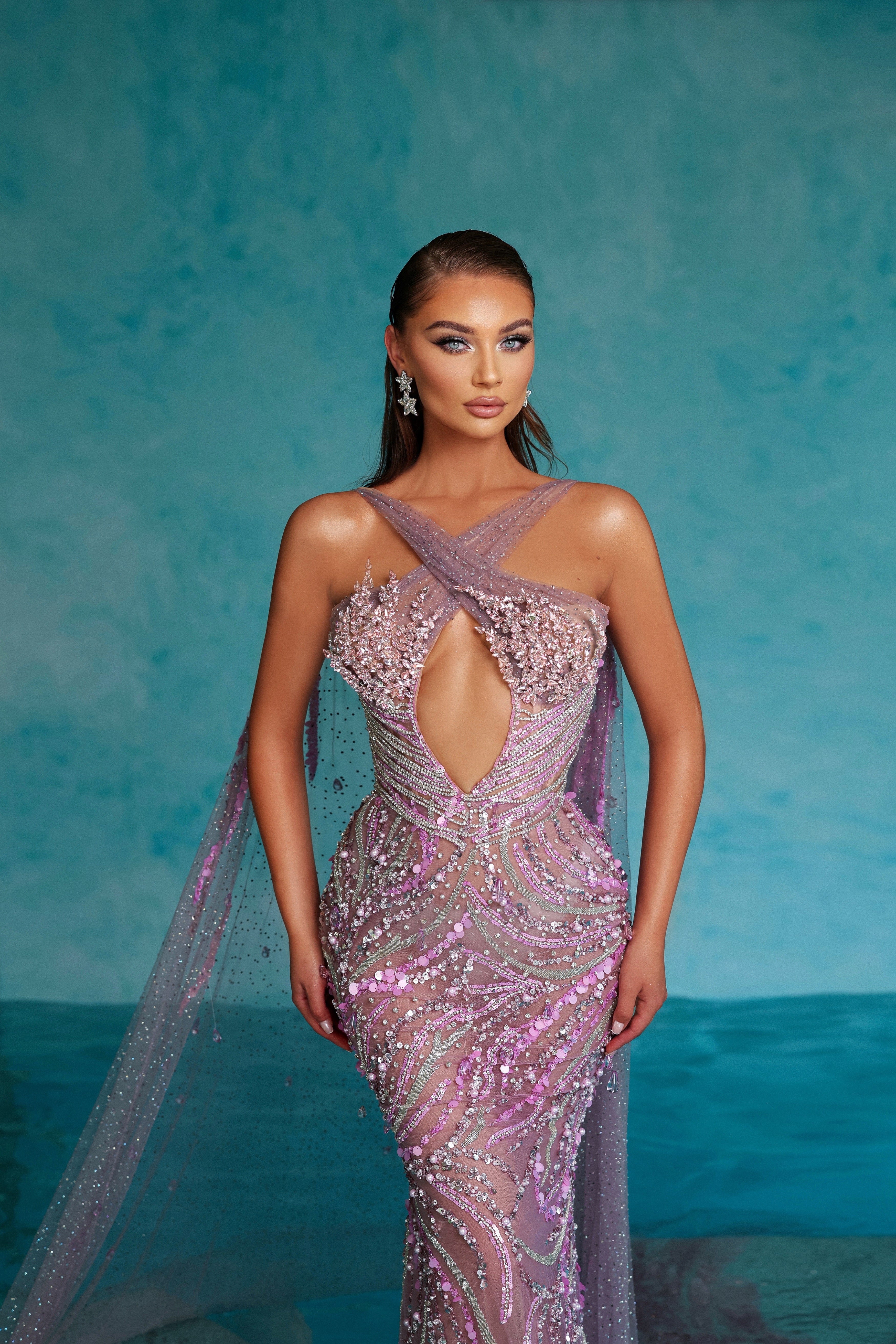 Lavender Embellished Dress with Cross Straps