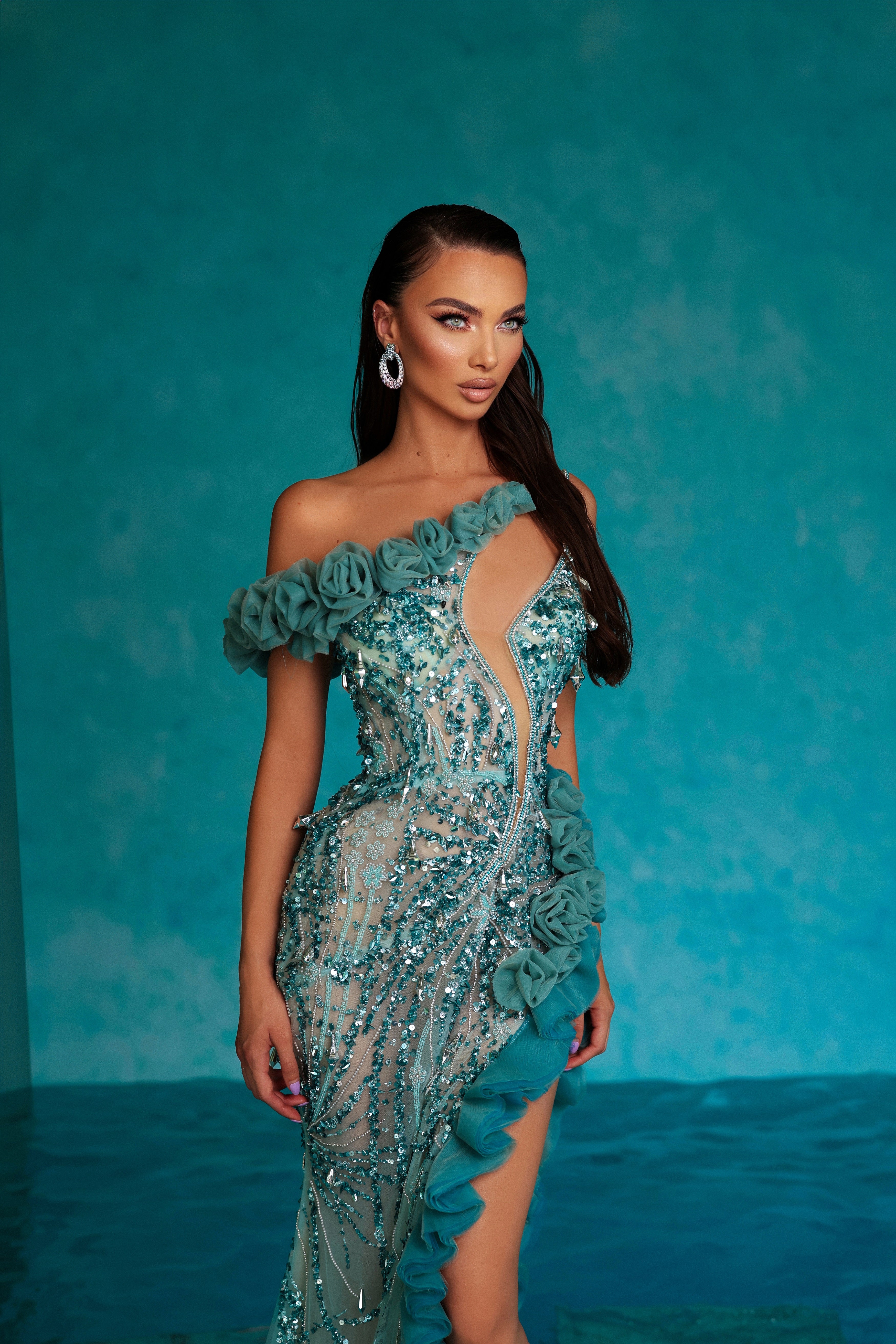 Pine Green Dress with Layered Side Slit Tulle