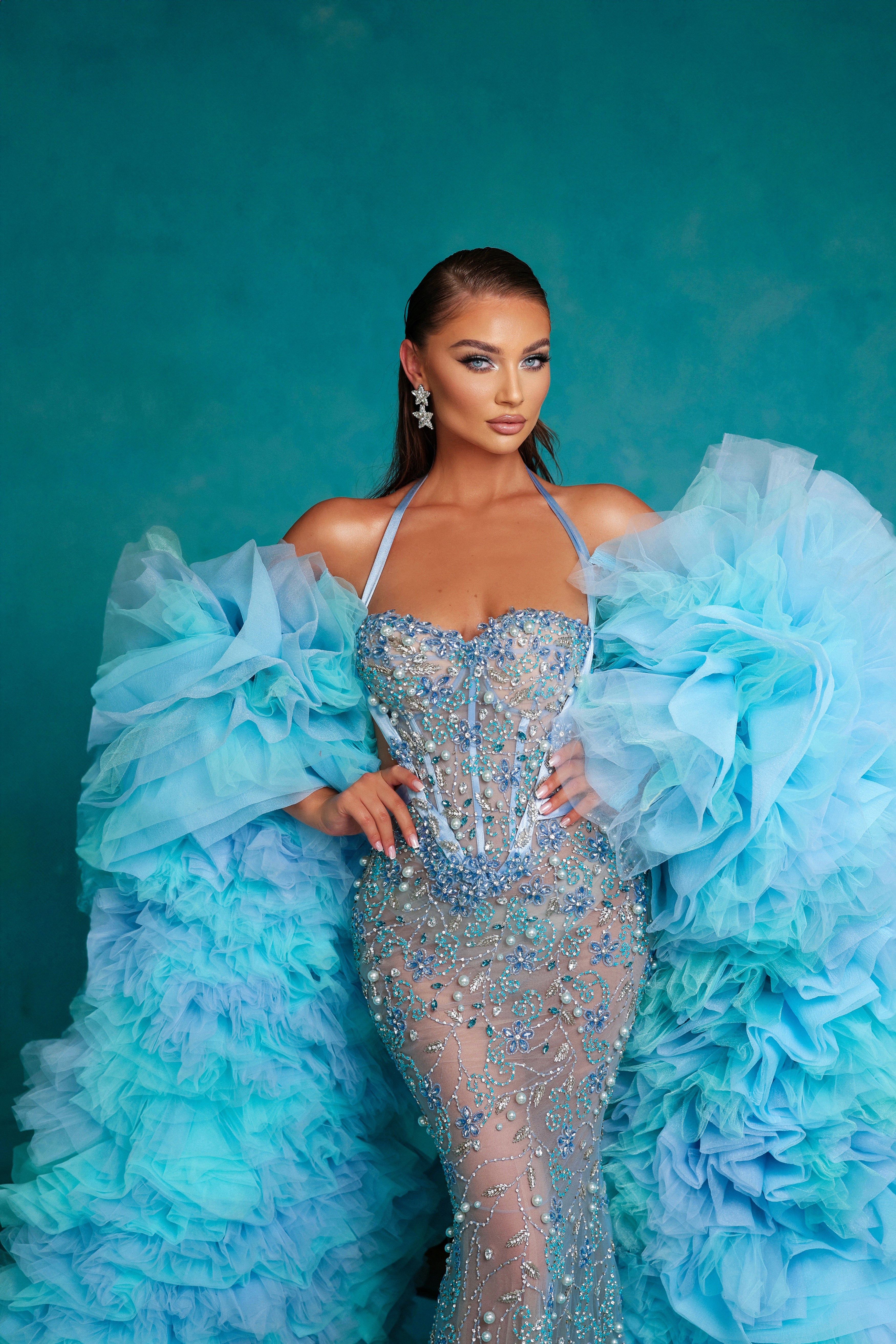 Aqua Floral Embroidered Gown with Layered Tulle Cape M Aqua Floral Embroidered Gown with Layered Tulle Cape M