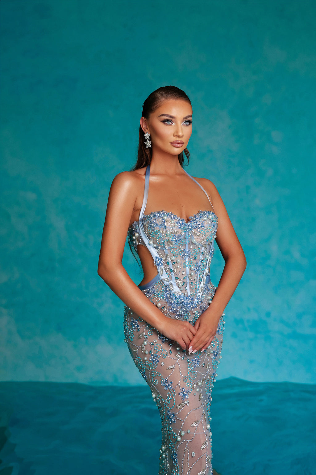 Aqua Floral Embroidered Gown with Layered Tulle Cape