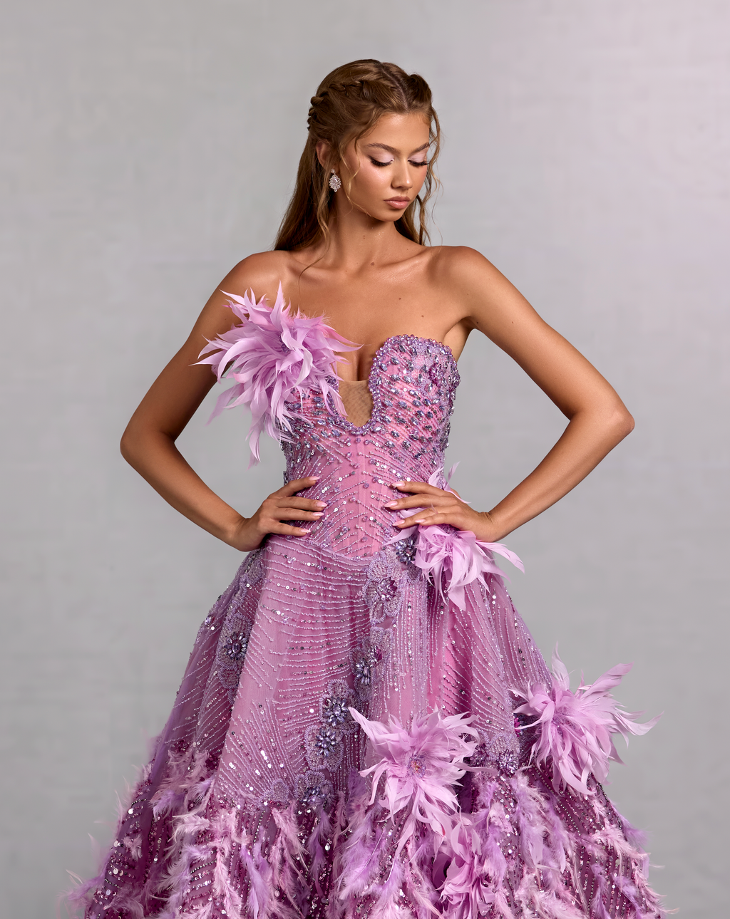 Lavender Feather Gown with 3D Floral Beading