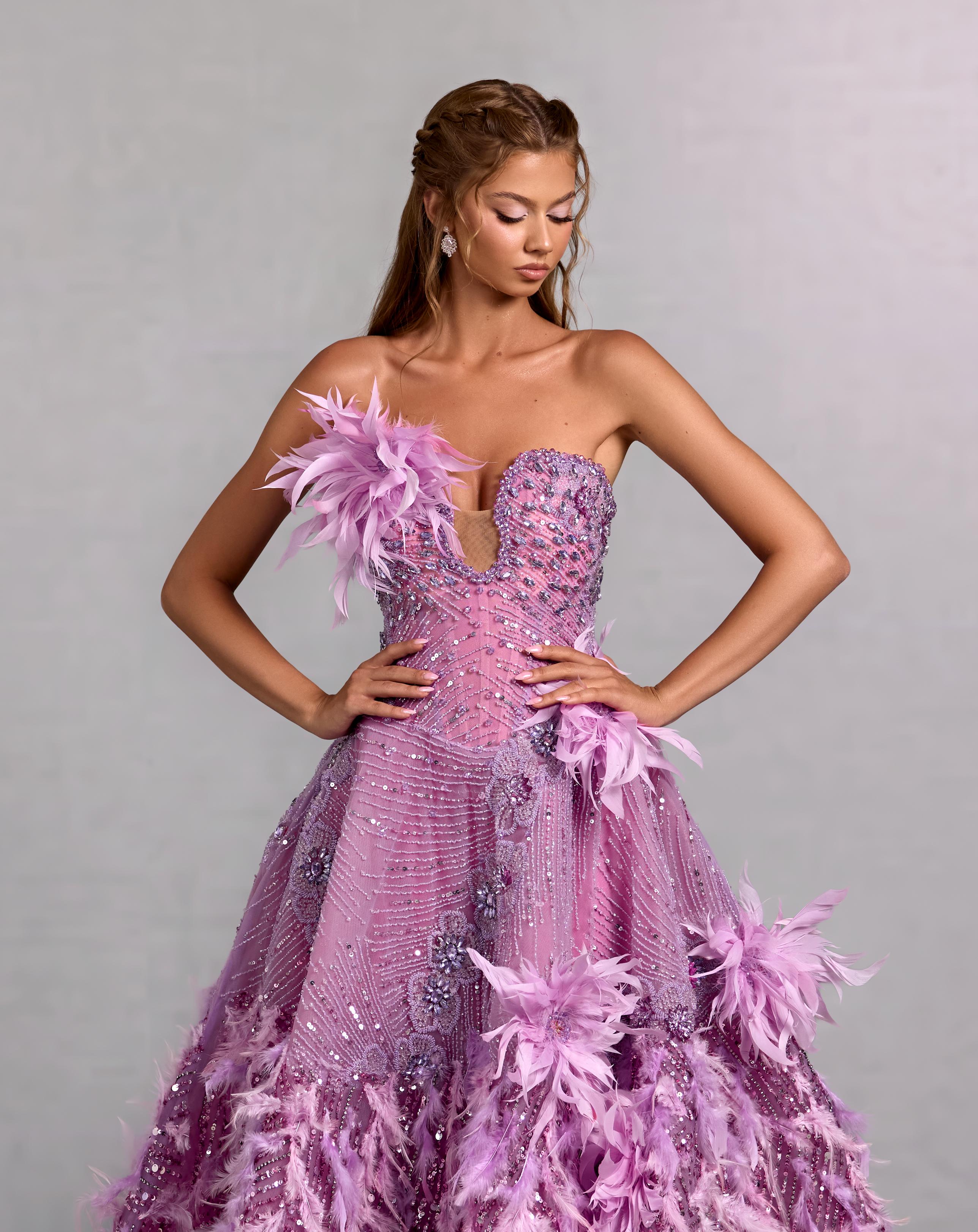 Lavender Feather Gown with 3D Floral Beading