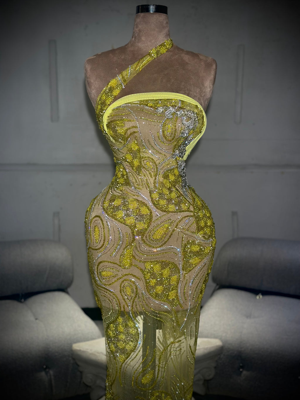 Elia - Yellow OneShoulder Crystal Gown