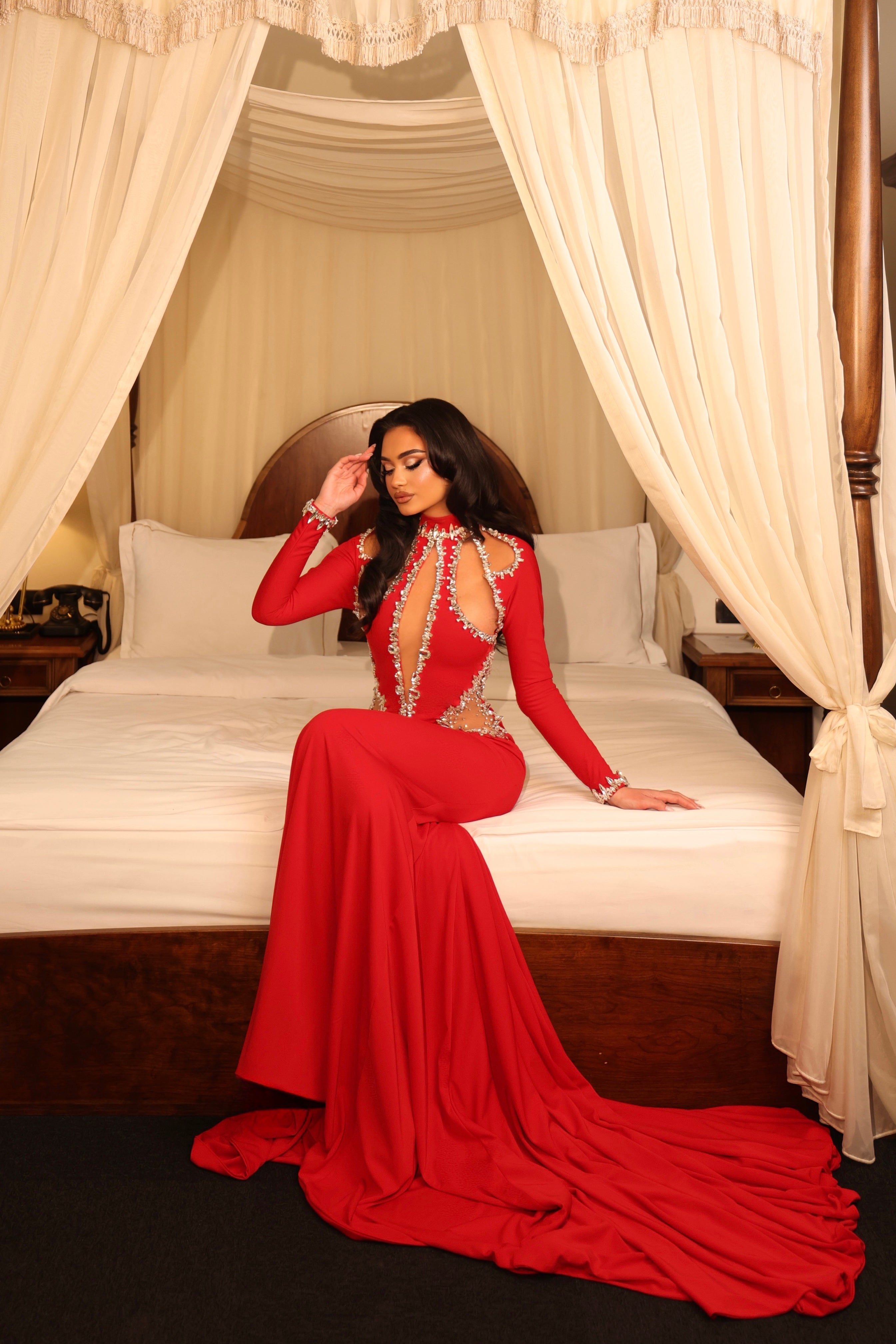 Bianca - Red Crystal Cut Out Mermaid Gown