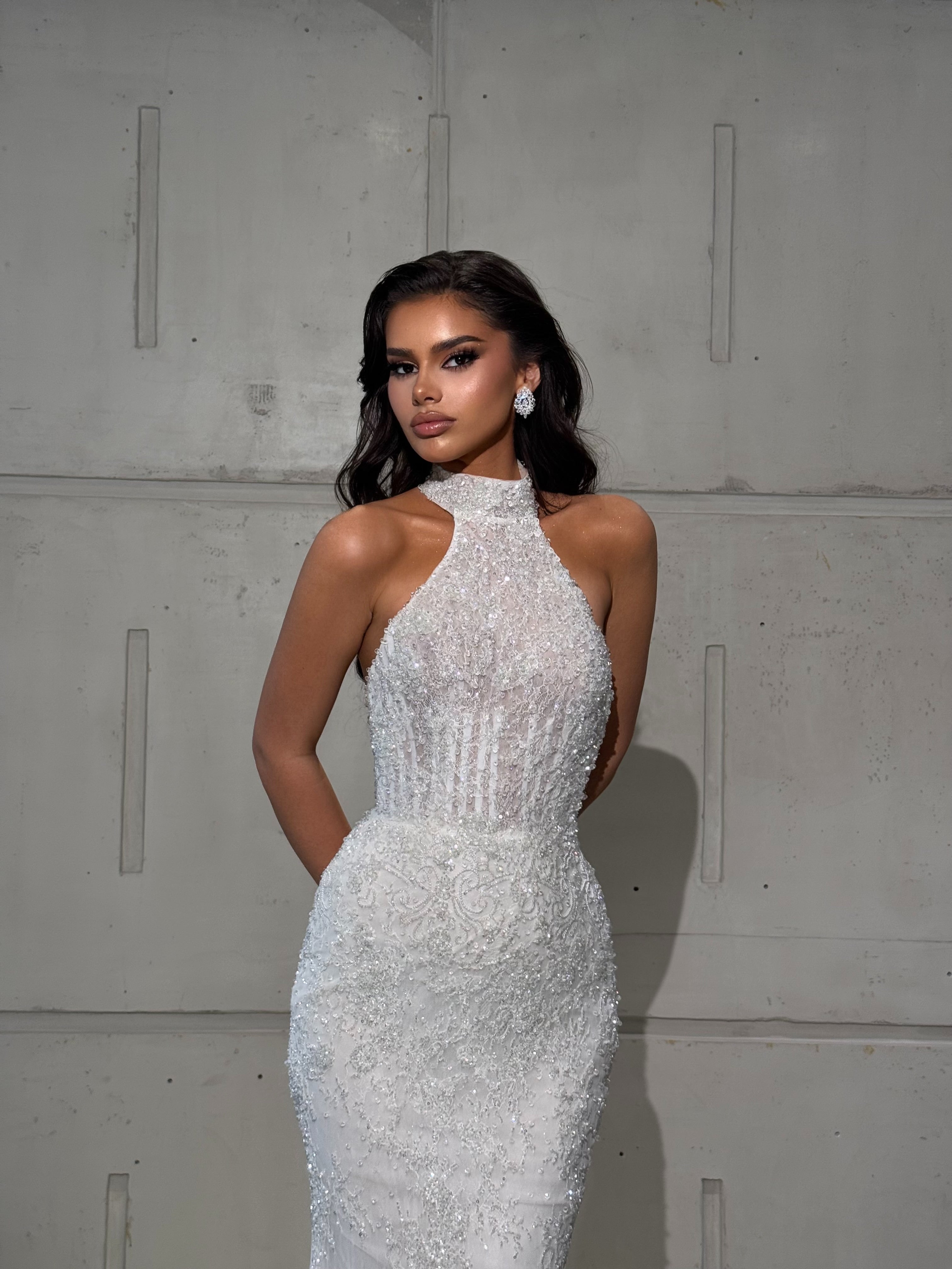 Long White Halter Neck Dress with Beaded Details