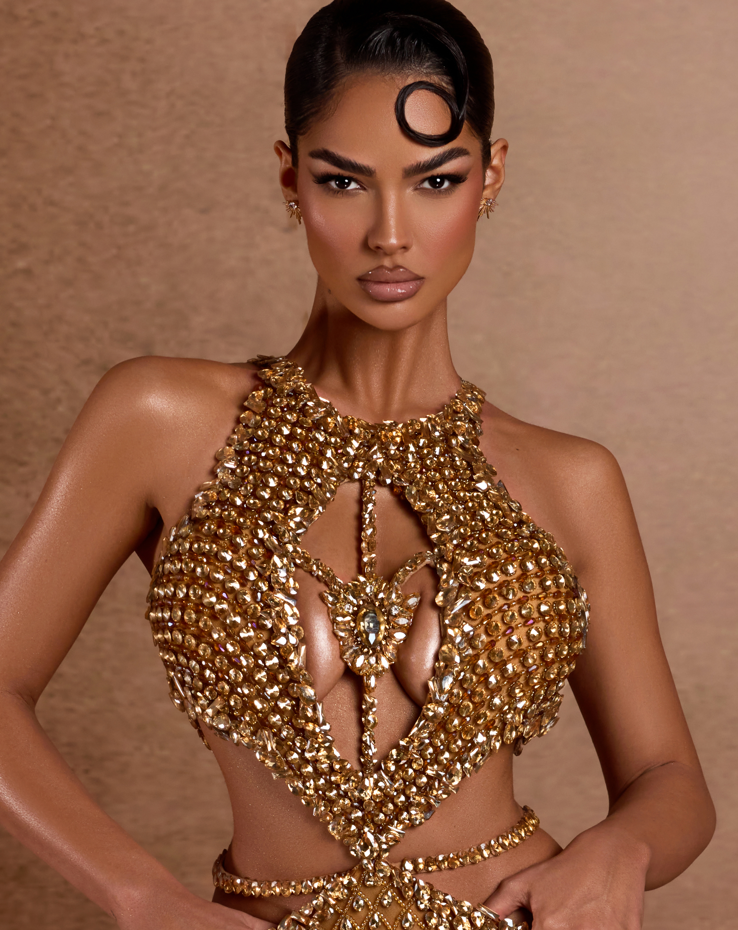 Gold Beaded Cut Out Dress