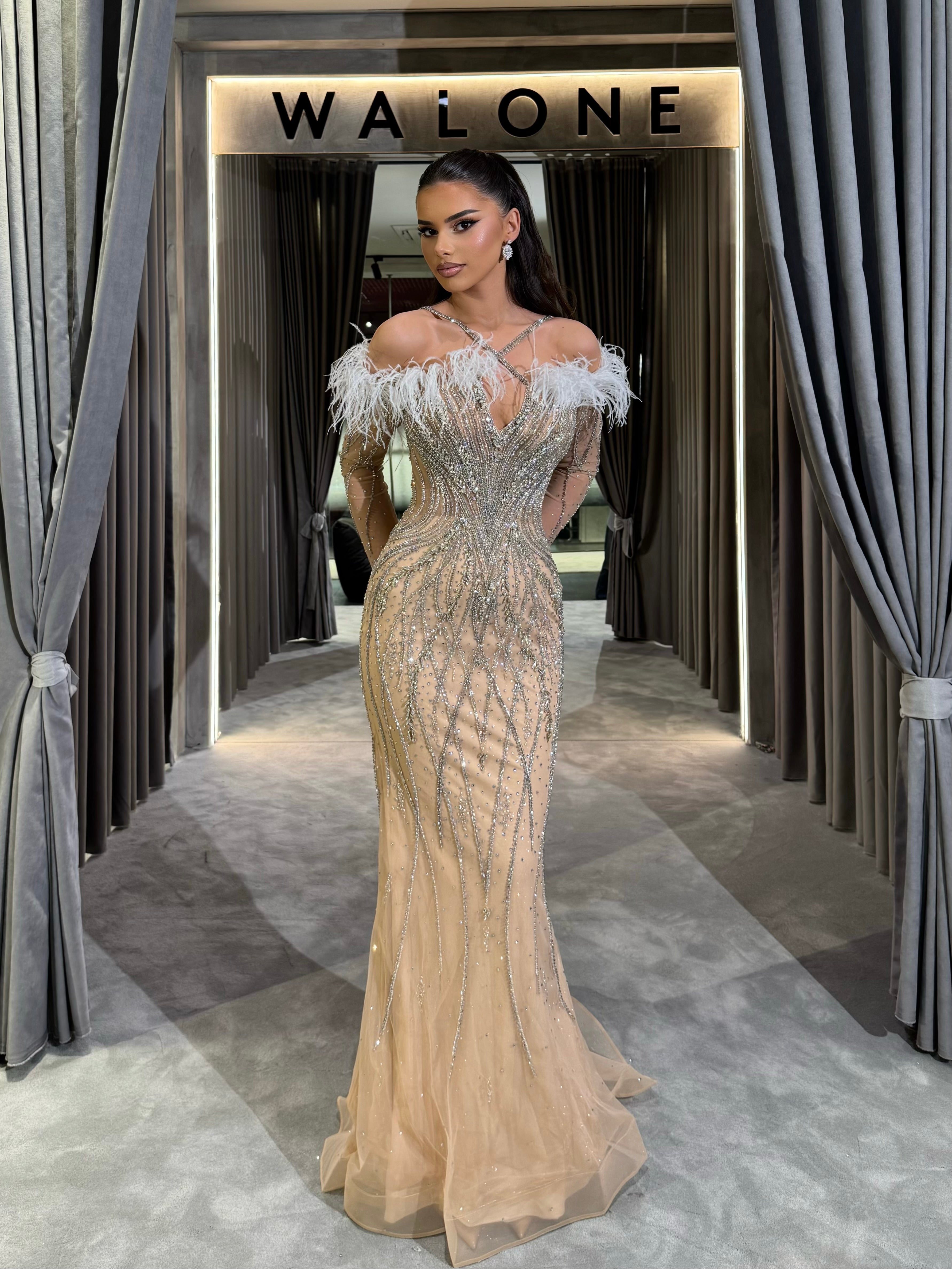 Dusty Pink & Beige Dress with Beading and Feather Accents