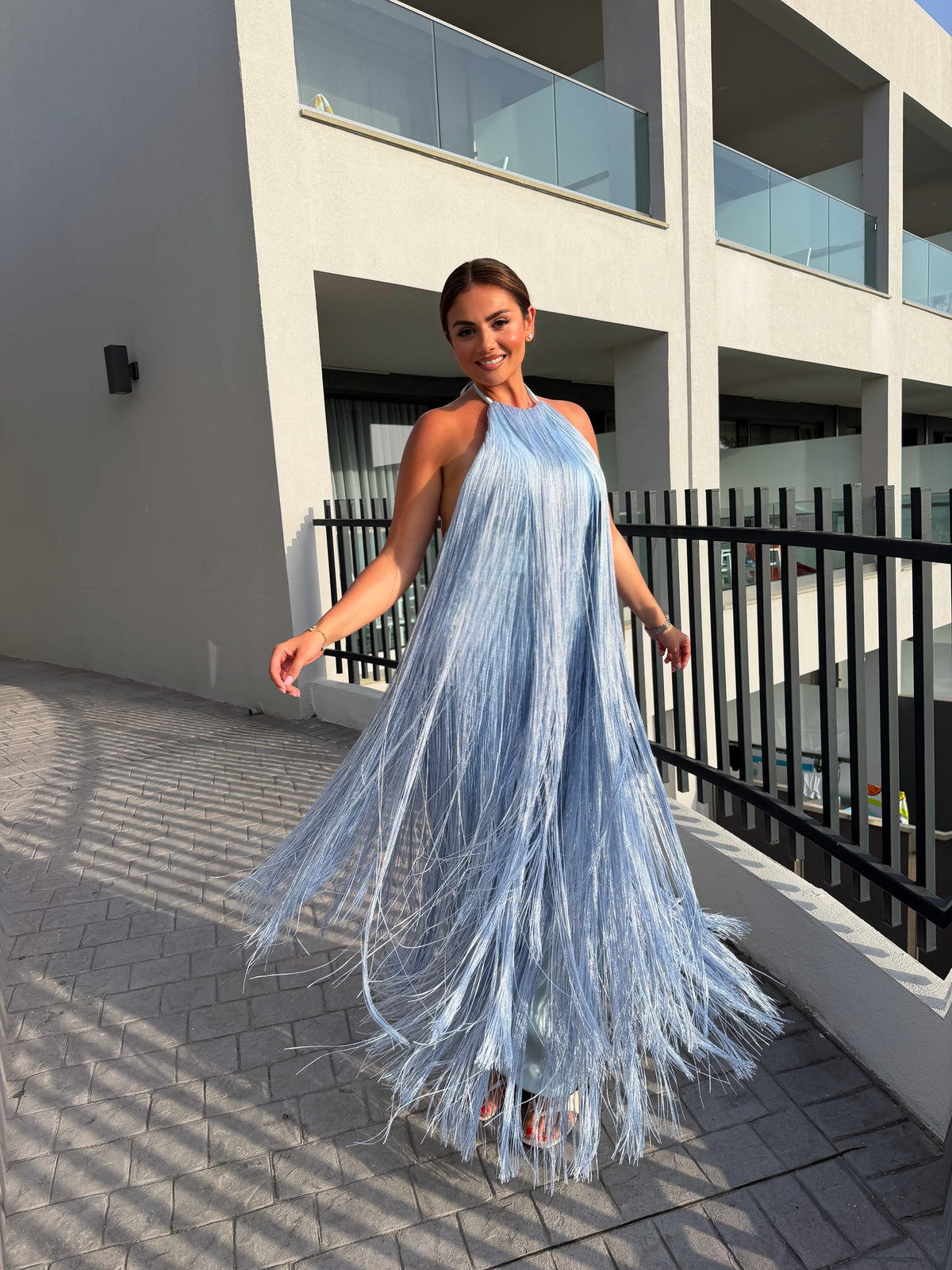 Melina - Halter fringe maxi gown