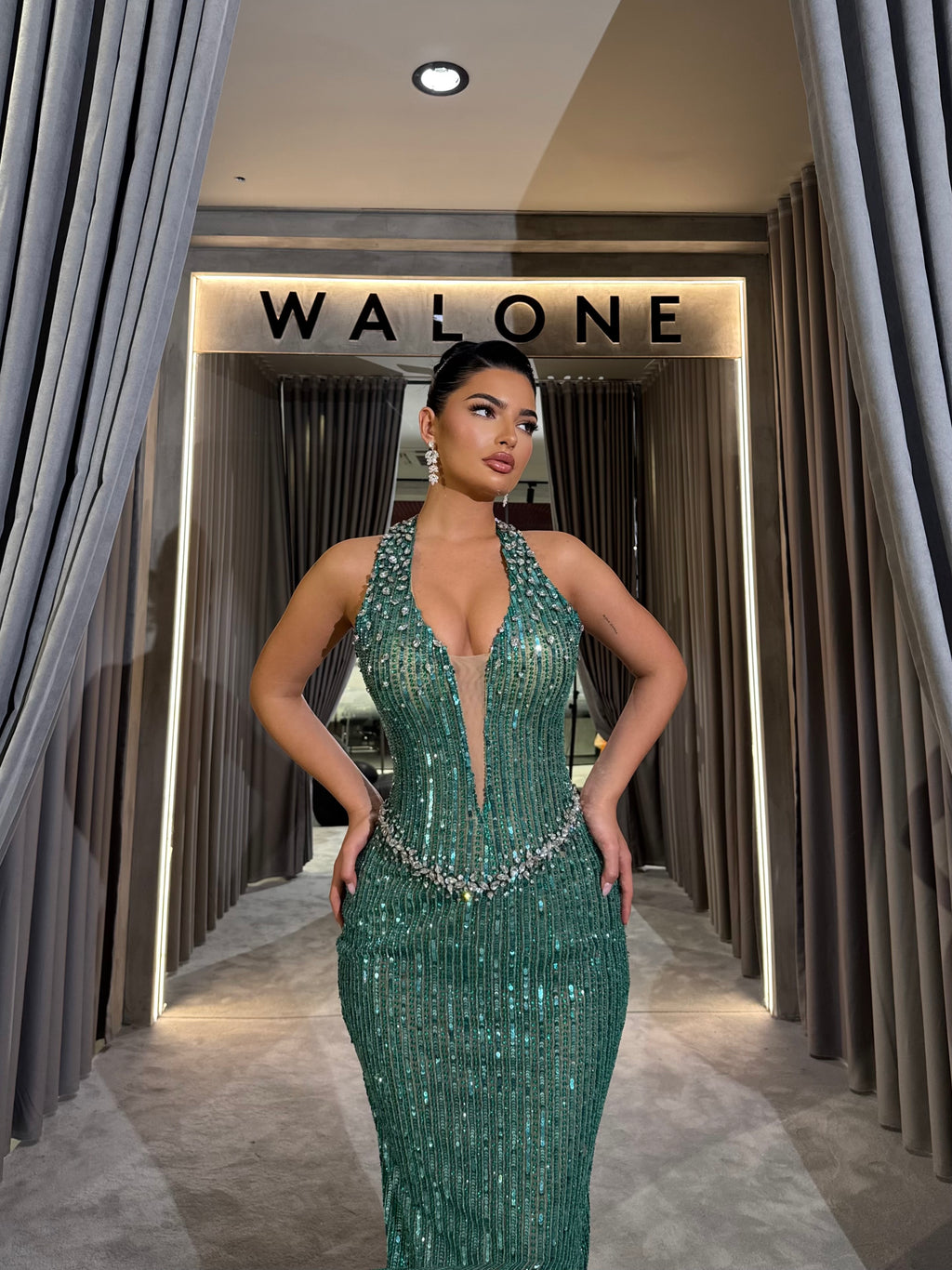 Crystal Plunge Beaded Gown with Waist Embellishment