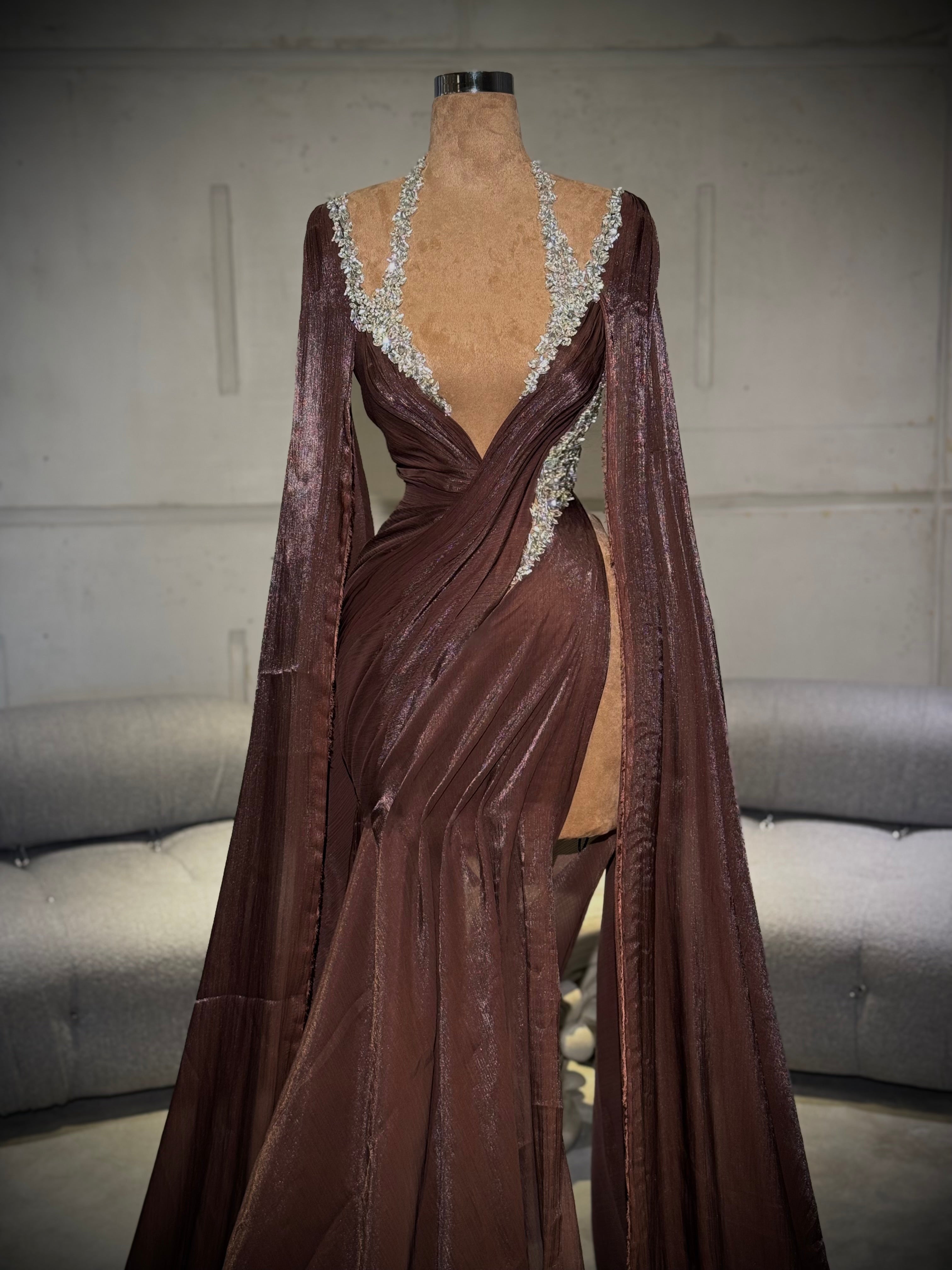 Amèla – Brown l Gown with Deep Plunge