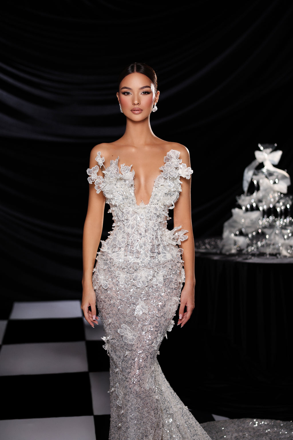 Strapless floral bridal gown with detachable cape