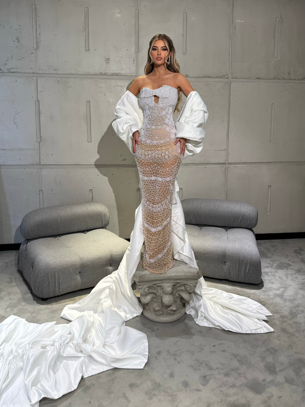 Strapless bridal Gown with pearls and detachable cape sleeve