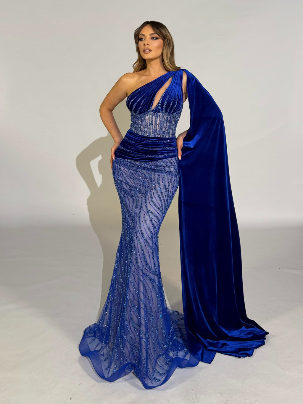 Asymmetrical Dress with Cape Sleeve