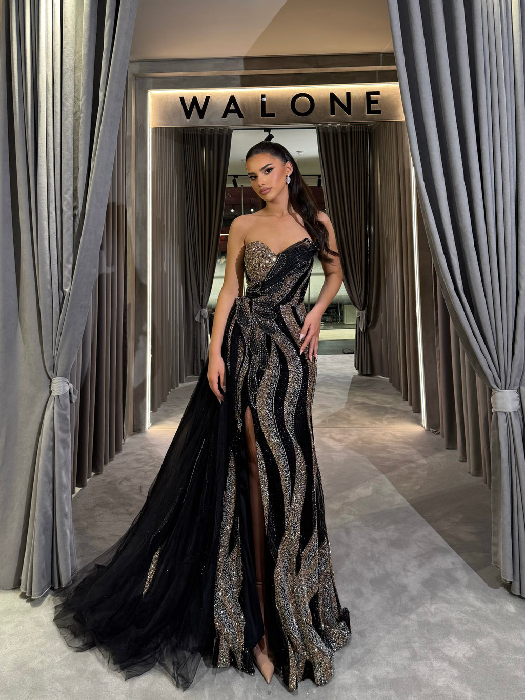 Long Dress with Metallic Wave Embroidery and Side Slit