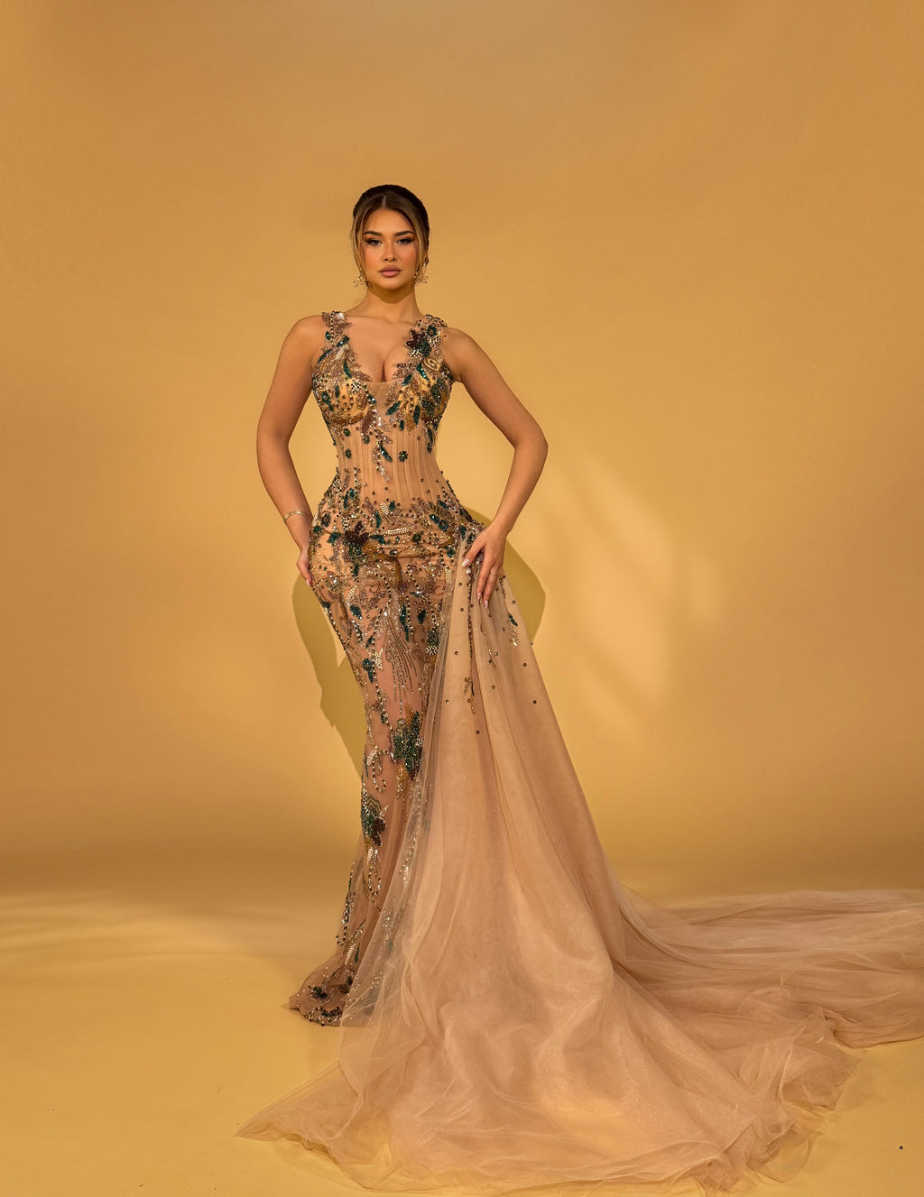 Hand Embroidered Dress with Leaf Motifs and Train