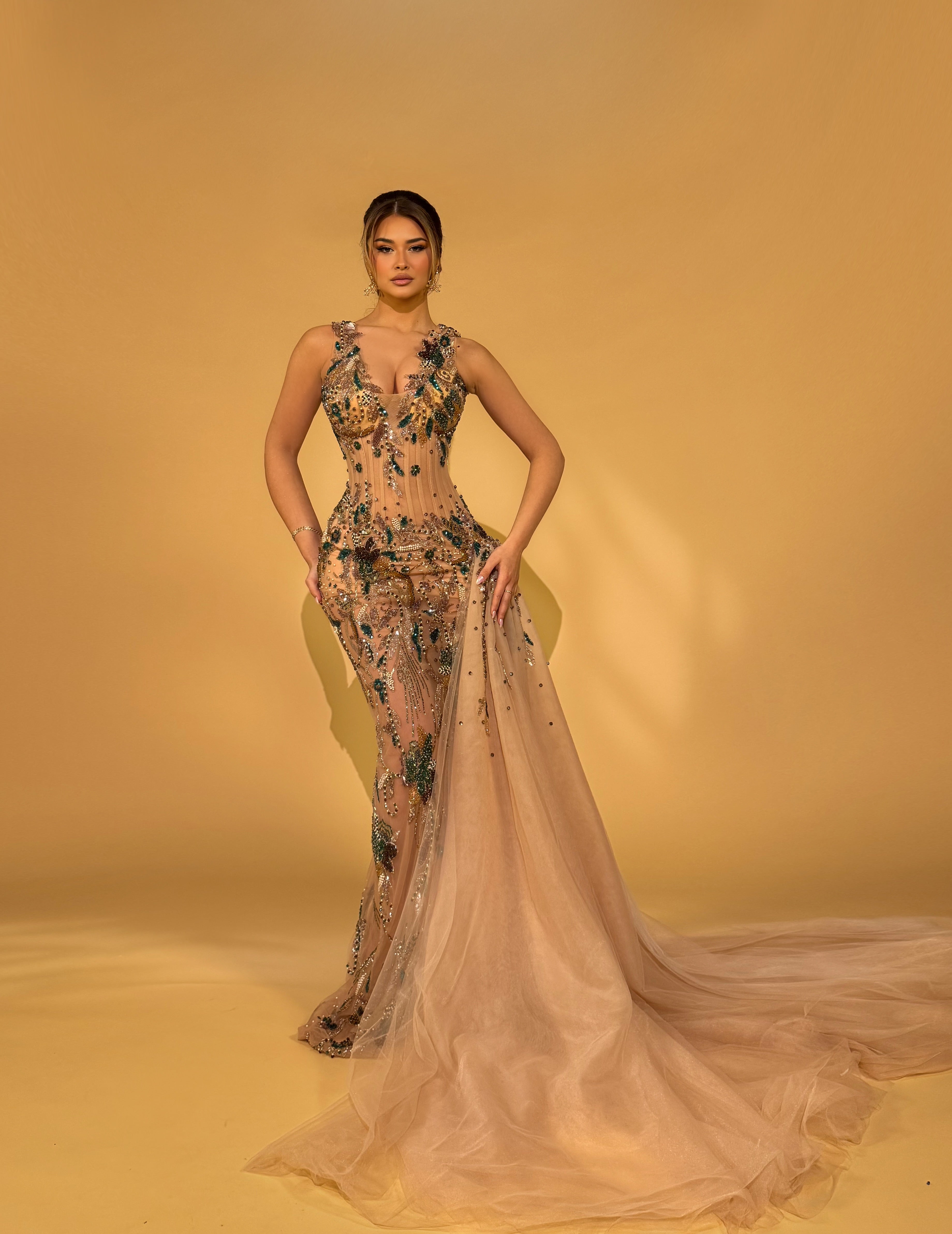 Hand Embroidered Dress with Leaf Motifs and Train