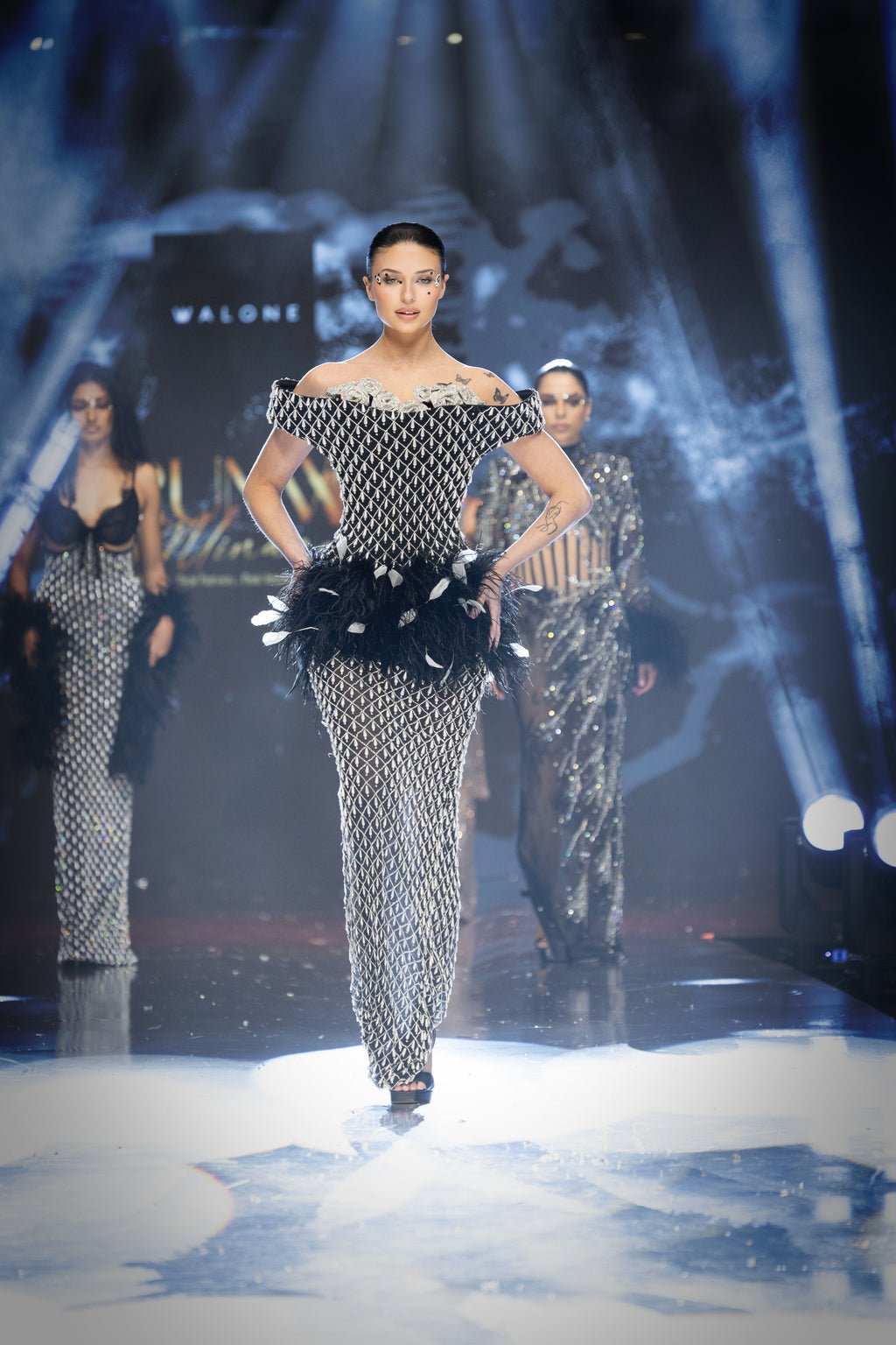 Annie - Off shoulder crystal Feather Gown