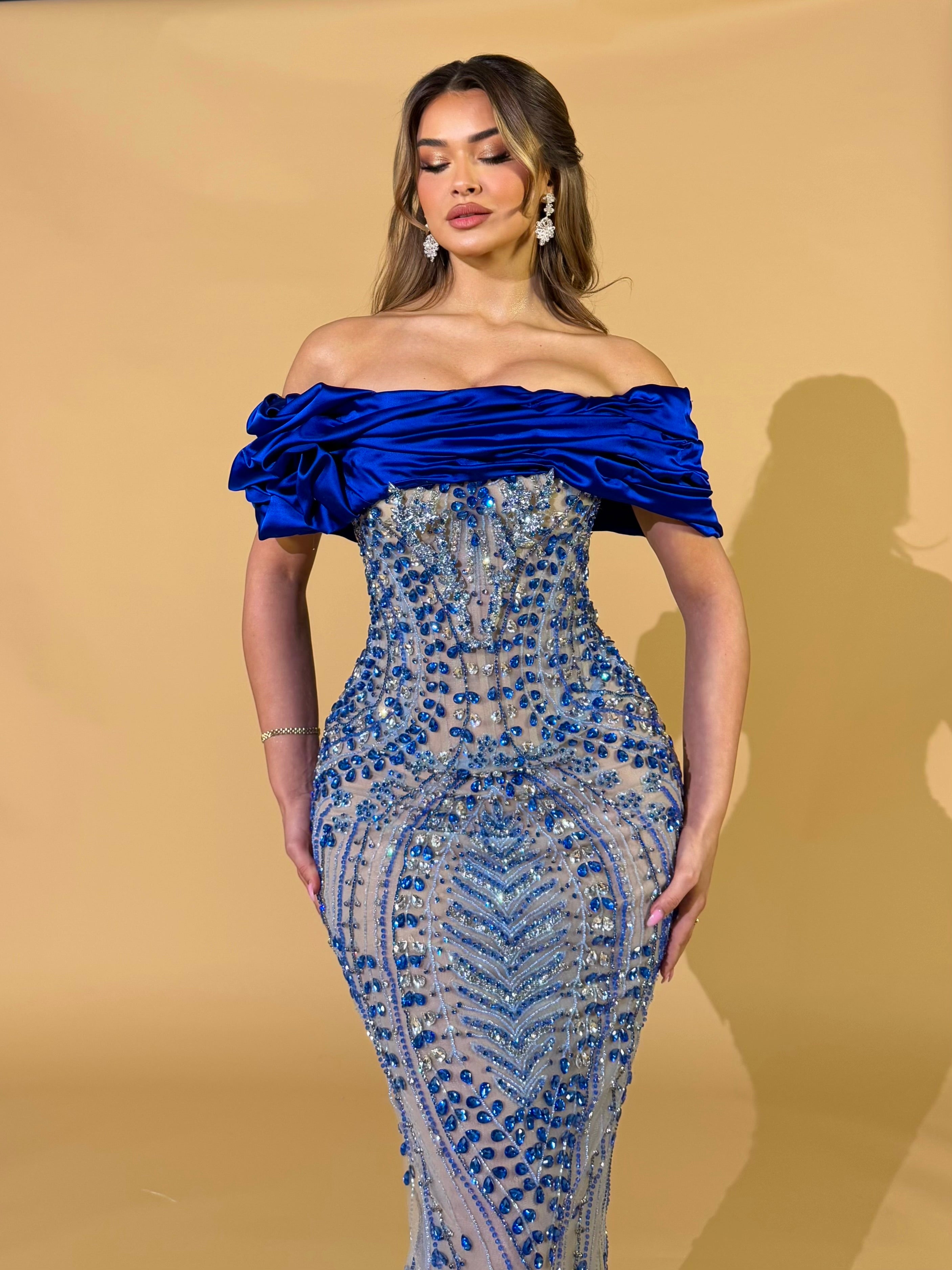 Royal Blue Off Shoulder Crystal Beaded Gown with Satin Draping