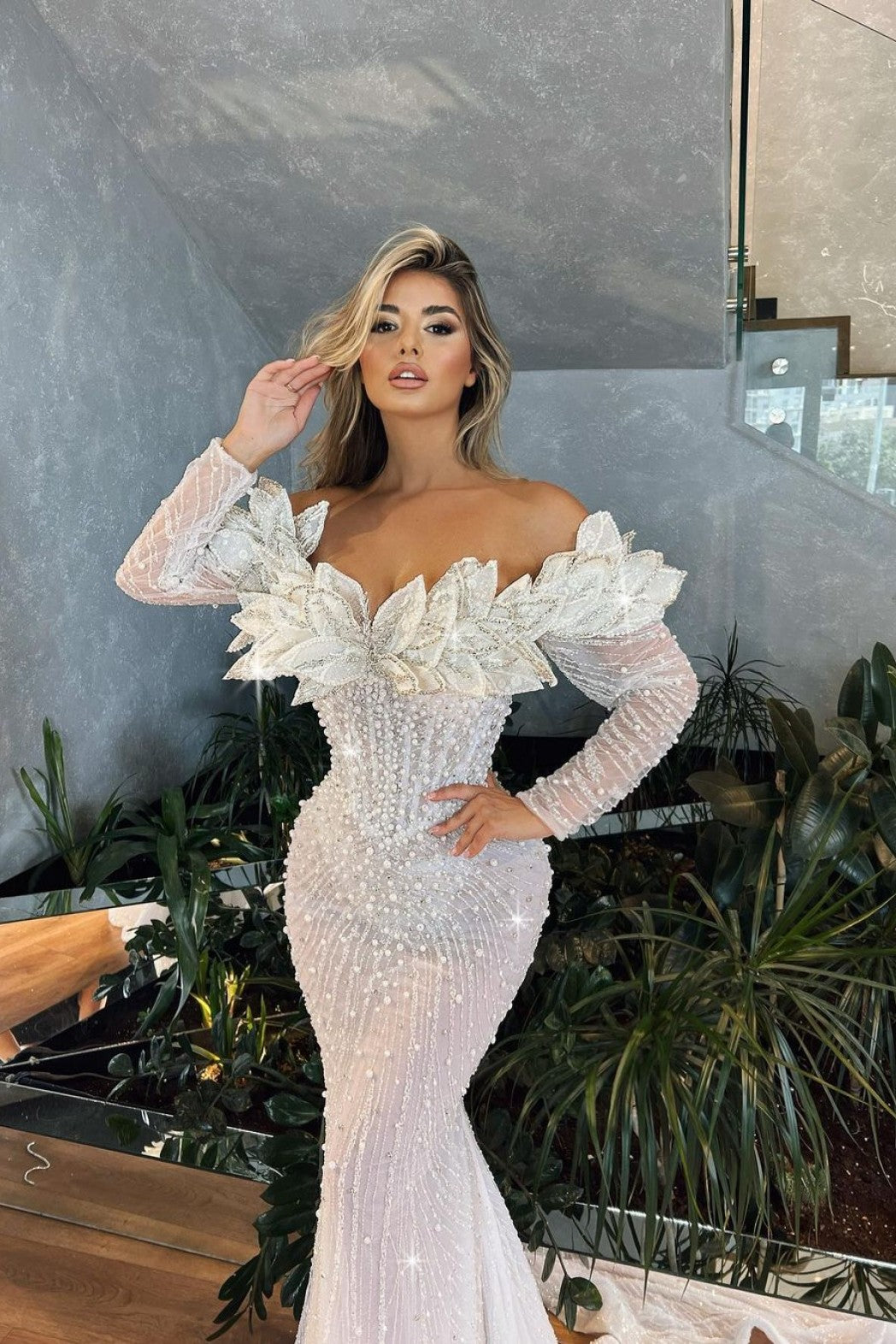 Long Mermaid Bridal Dress with Leaf Corset