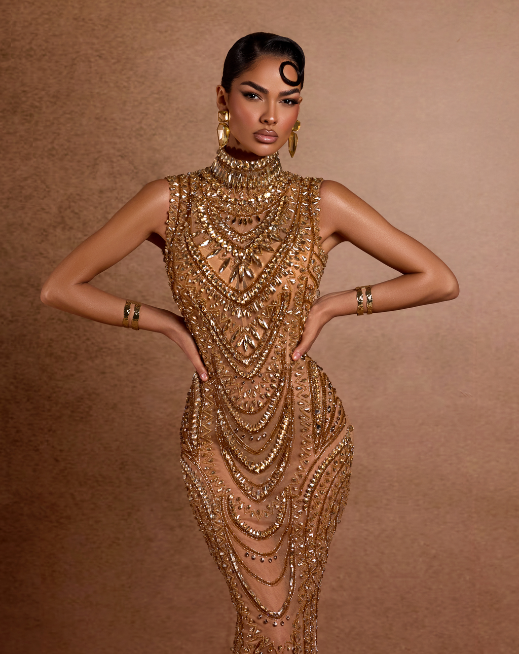 High Neck Gold Embellished Dress